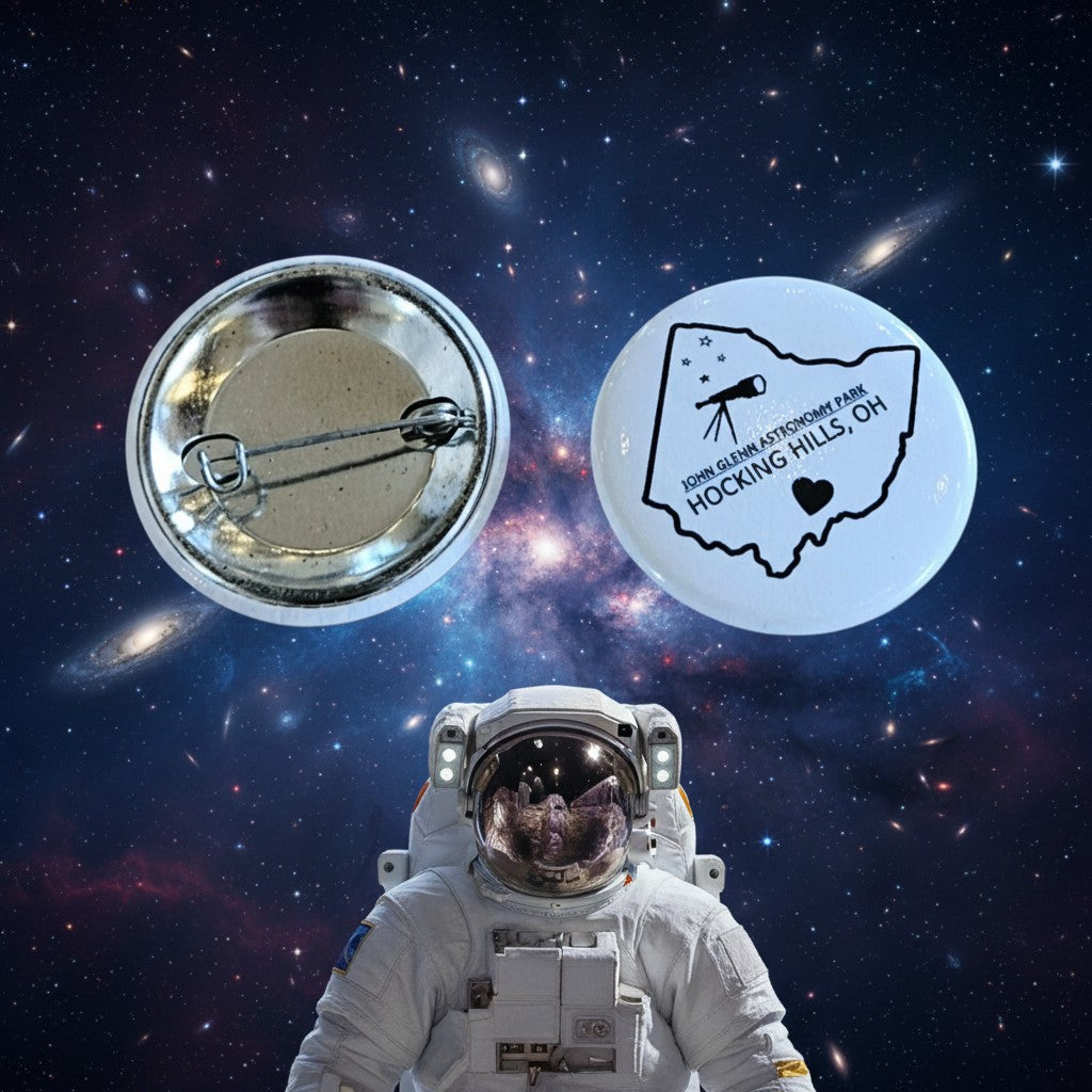 The Hocking Hills Store John Glenn Astronomy Park button featuring an Ohio outline with a telescope and stars.