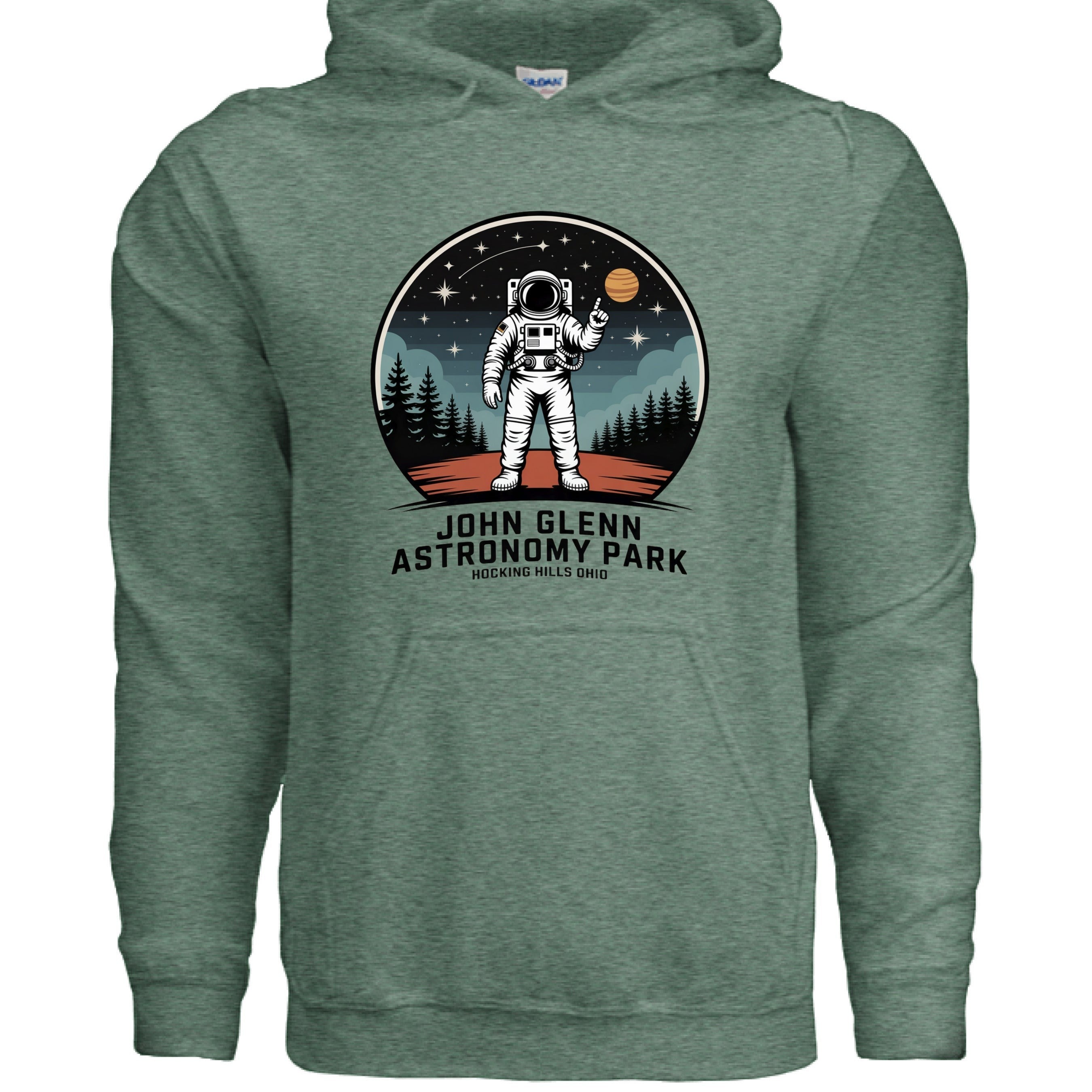 The Hocking Hills Store John Glenn Astronomy Park heather green cotton-blend hoodie with astronaut graphic.