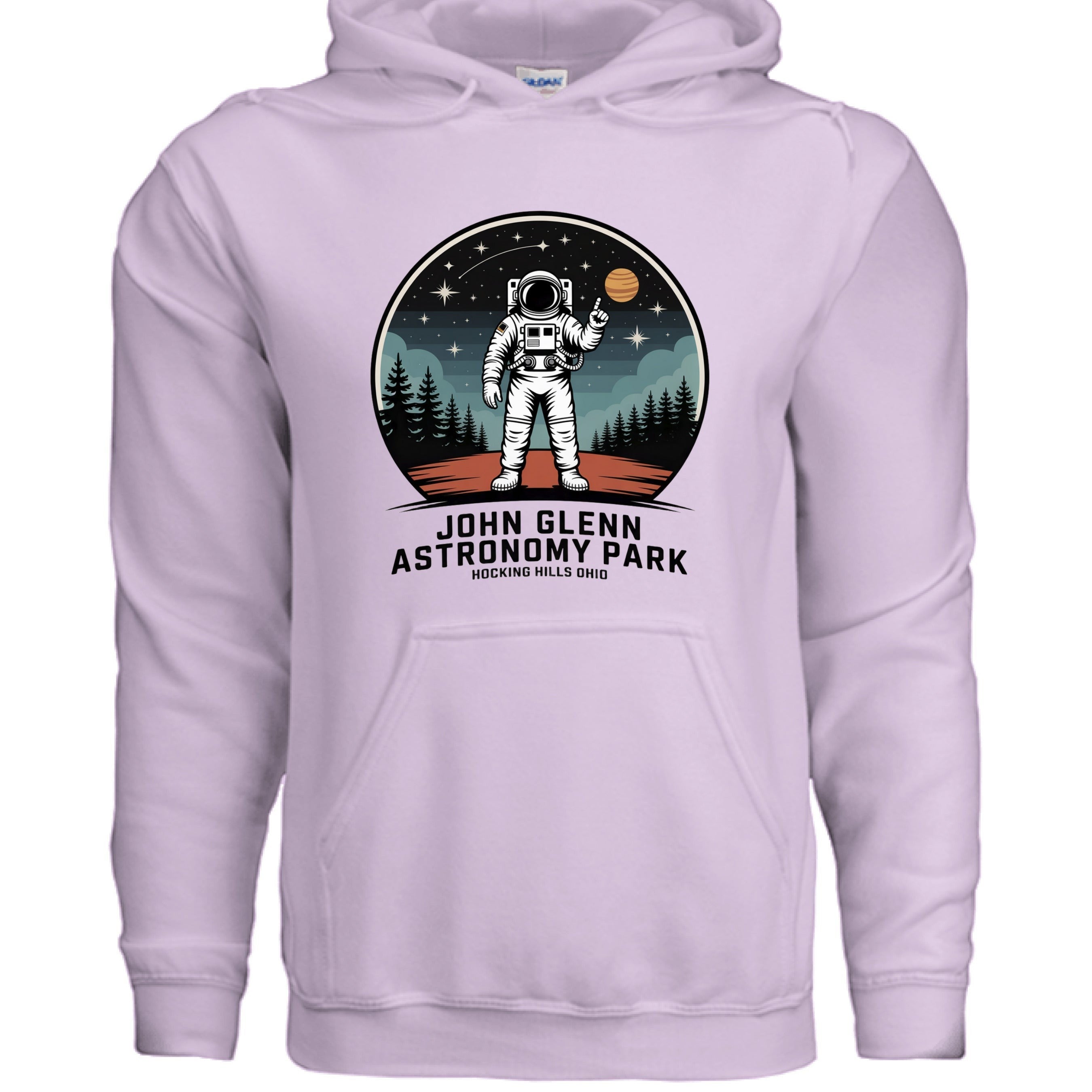 The Hocking Hills Store John Glenn Astronomy Park hoodie features an astronaut graphic with stars and trees. This lavender pullover is made of a cotton-polyester blend.