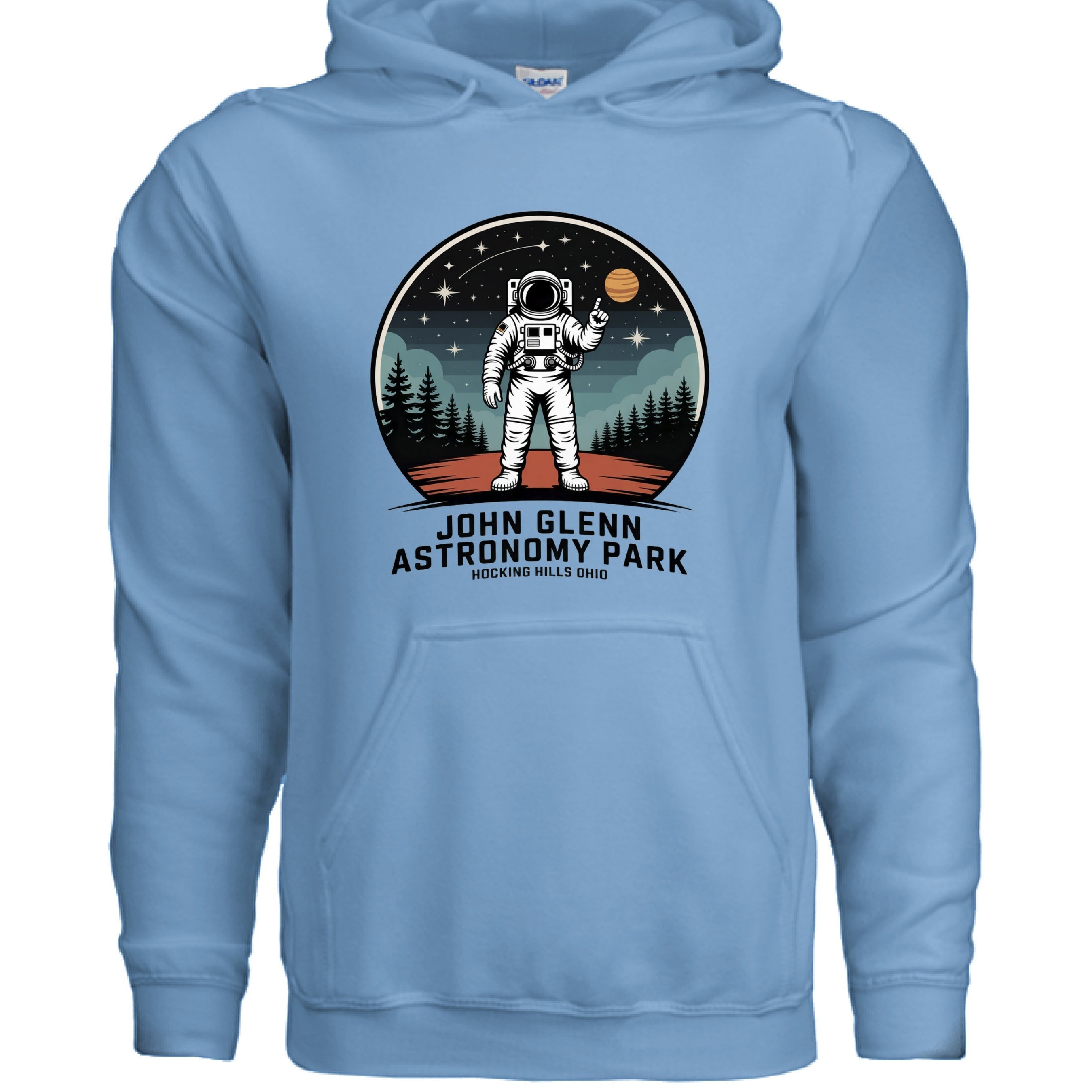 The Hocking Hills Store light blue cotton-polyester blend hoodie featuring an astronaut graphic for John Glenn Astronomy Park.