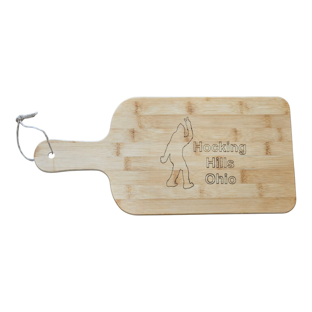 The Hocking Hills Store bamboo cutting board with Bigfoot graphic and Hocking Hills Ohio text, 15-inch