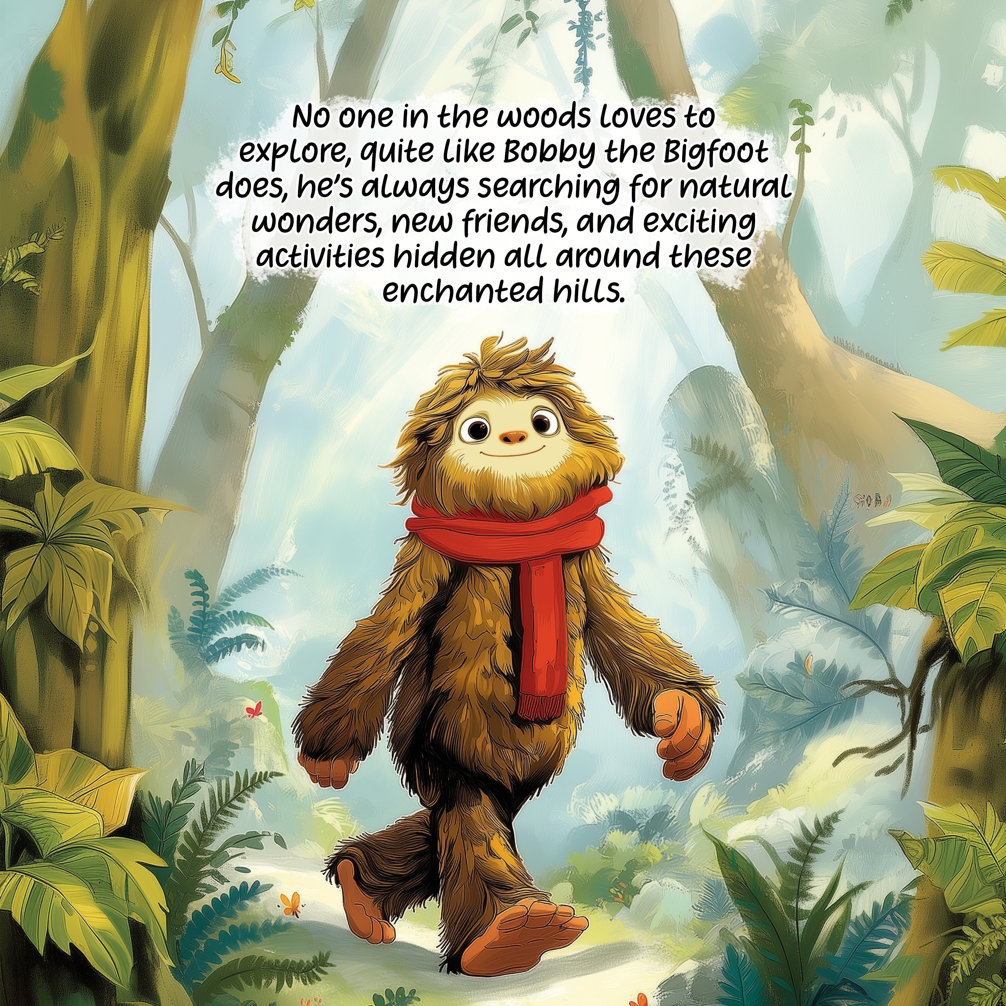 The Hocking Hills Store's Bobby the Bigfoot book cover art features a friendly, furry Bigfoot character with a red scarf walking through a lush forest.