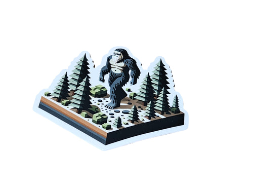 The Hocking Hills Store Bigfoot bumper sticker featuring a Sasquatch walking through a forest scene with pine trees and rocks.