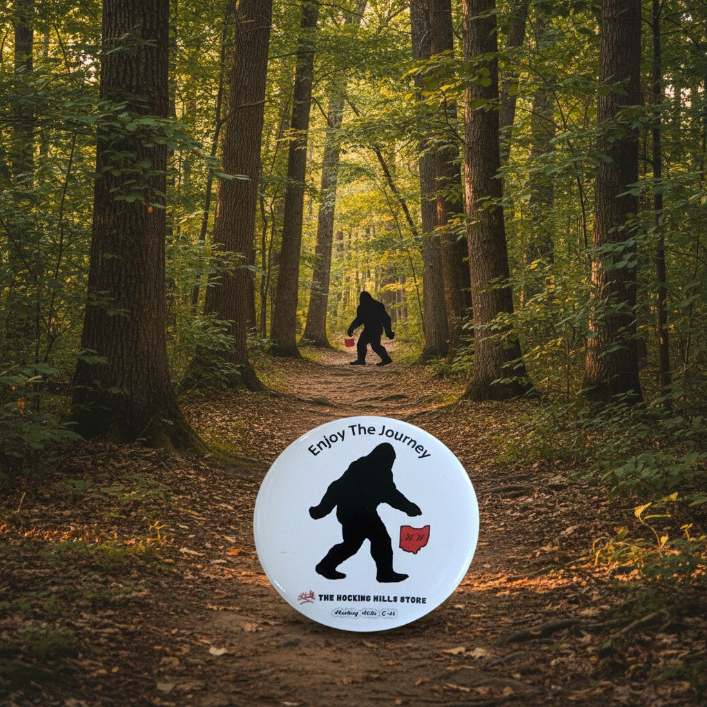 The Hocking Hills Store Bigfoot Enjoy the Journey button, 1-inch round, white with black Bigfoot graphic and red Ohio outline.