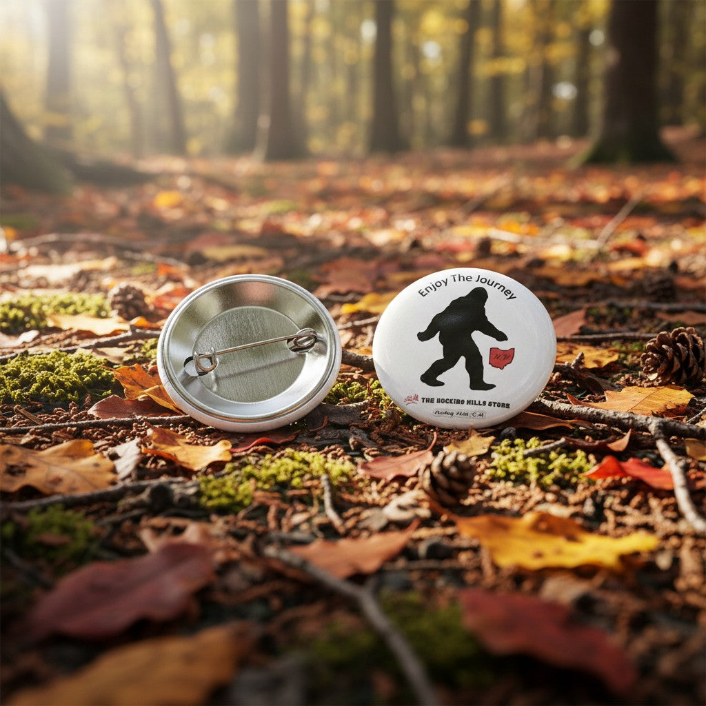 The Hocking Hills Store Bigfoot Enjoy the Journey button with silhouette of Bigfoot walking and an Ohio map.