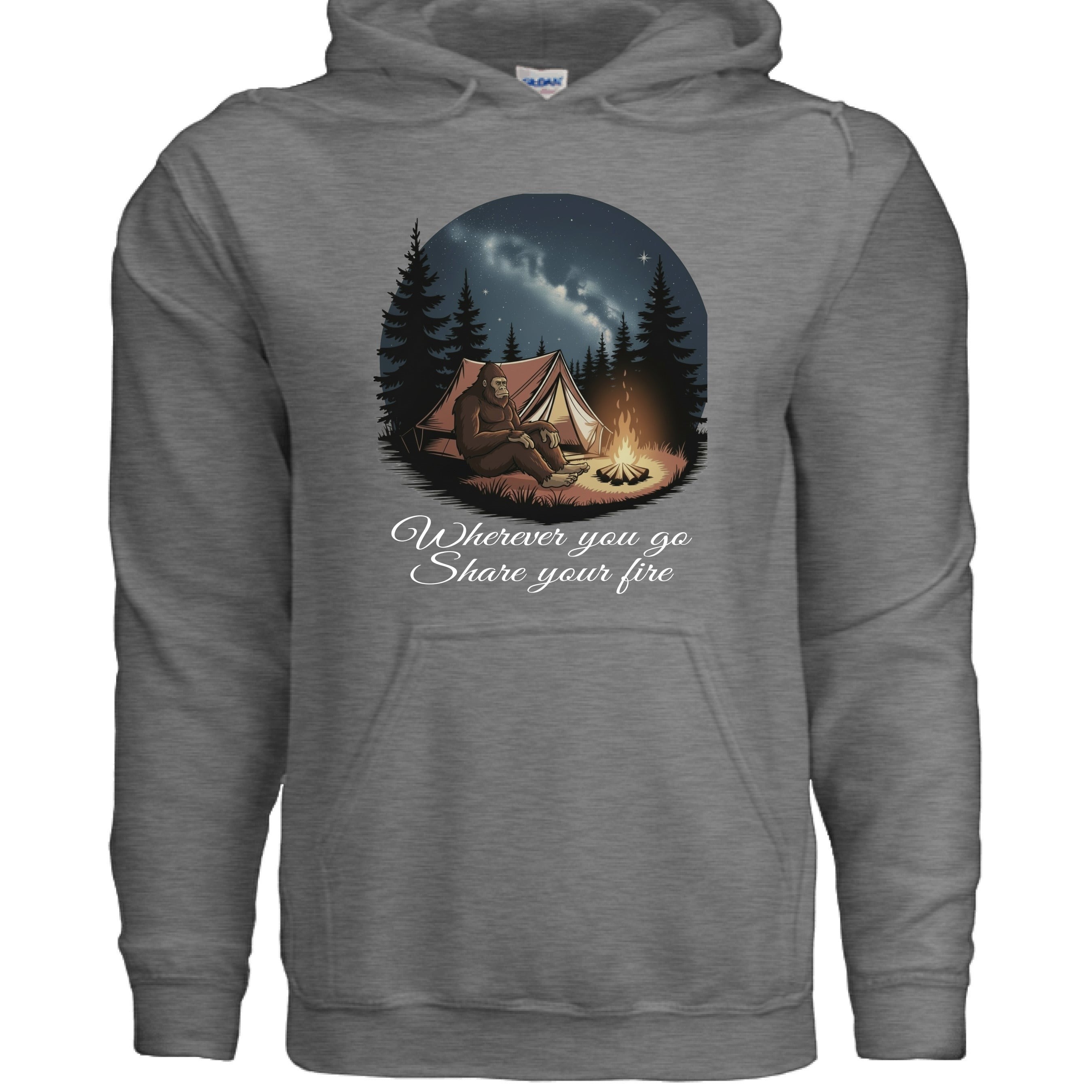 The Hocking Hills Store grey cotton-polyester blend hoodie with Bigfoot camping graphic and text "Wherever you go Share your fire".