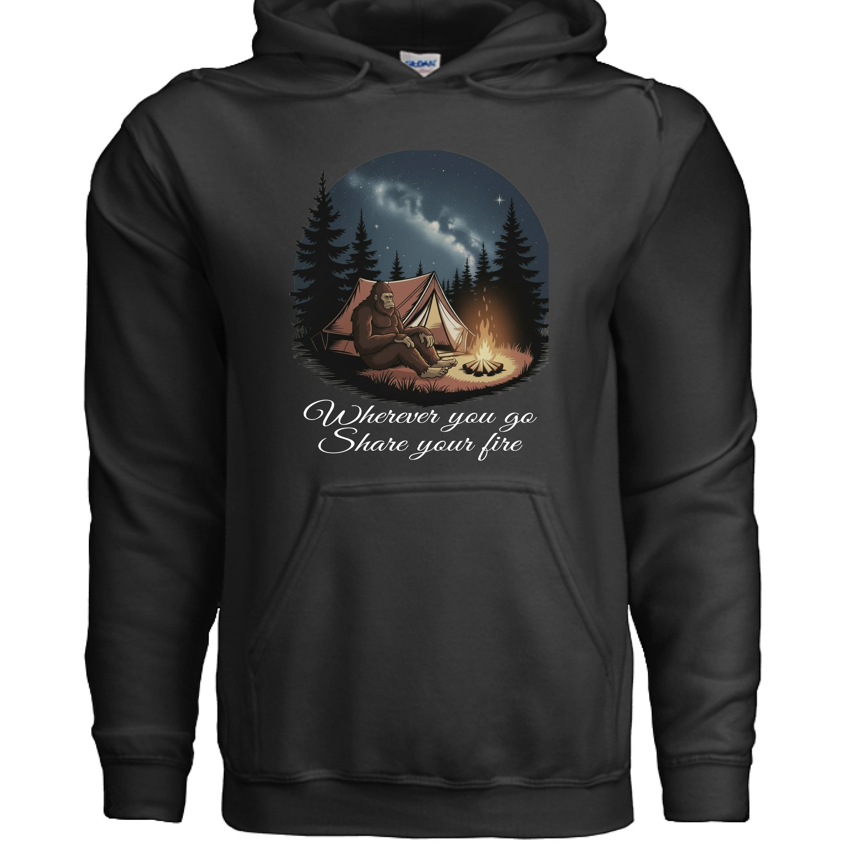 The Hocking Hills Store black cotton-polyester blend hoodie featuring Bigfoot sitting by a campfire under a starry sky with a tent. Text reads "Wherever you go Share your fire."