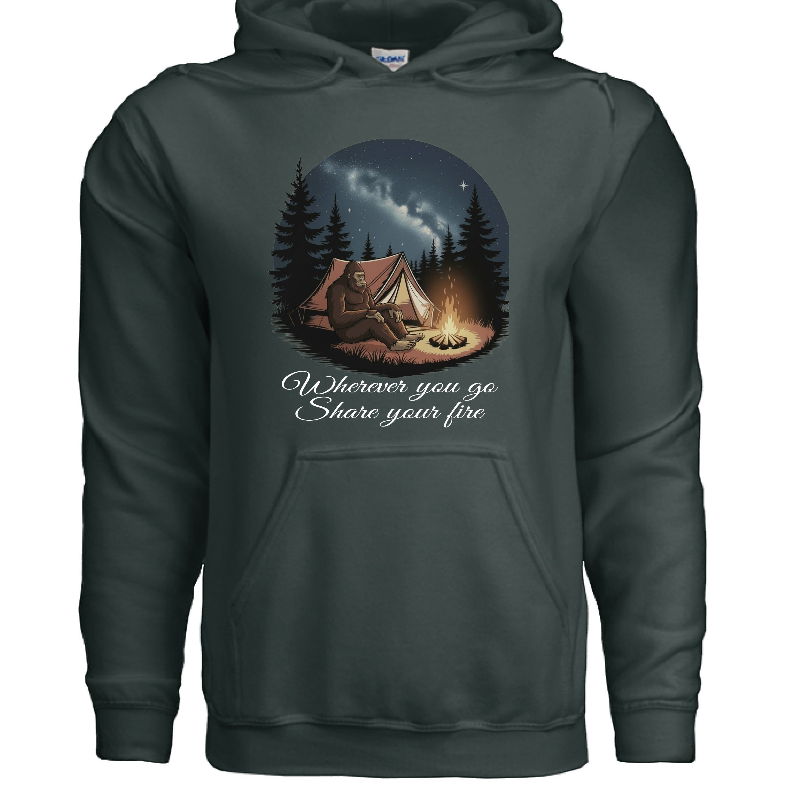 The Hocking Hills Store dark grey Bigfoot camping hoodie with tent, campfire, and starry night graphic. Features text "Wherever you go Share your fire."