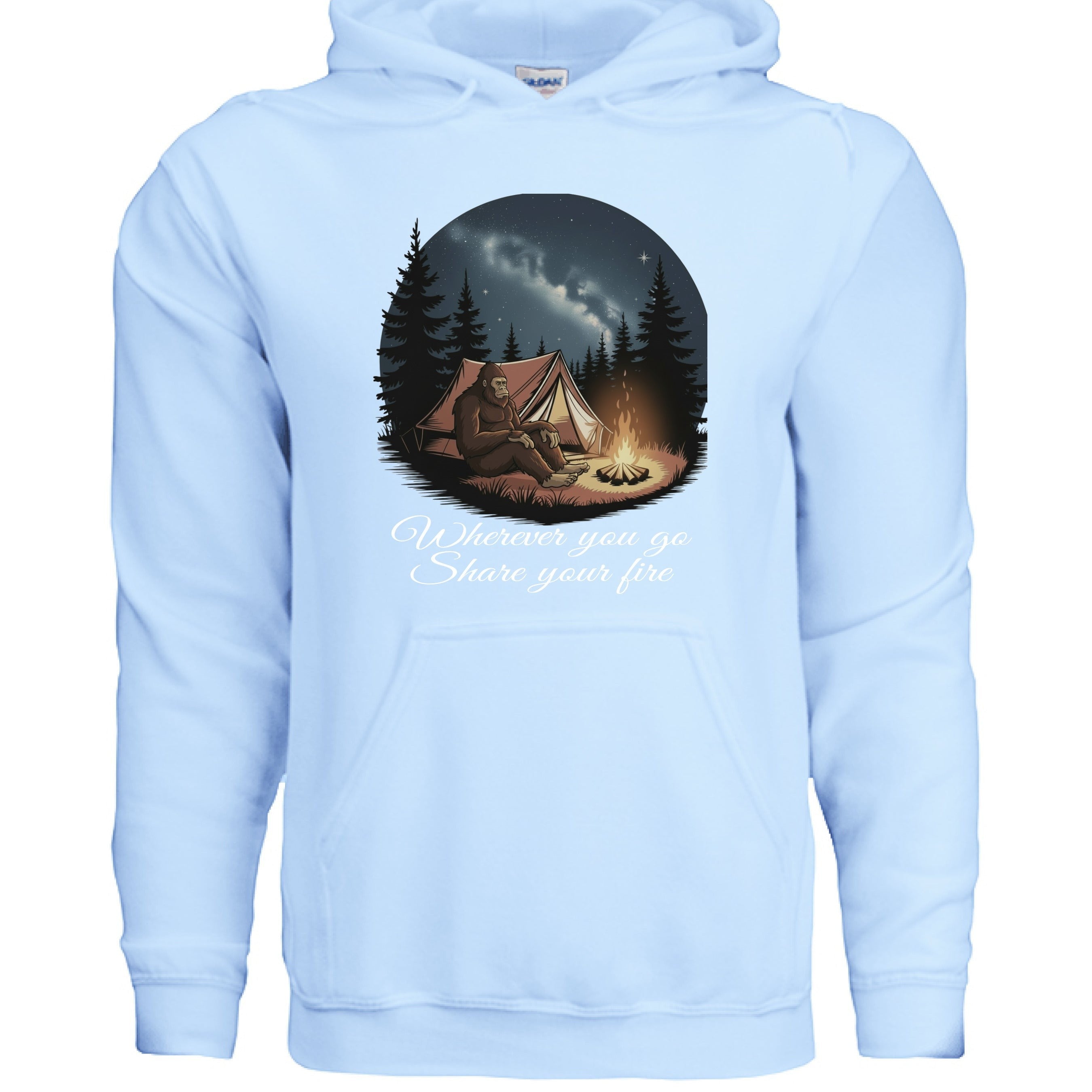 The Hocking Hills Store light blue Bigfoot camping hoodie with graphic of Bigfoot by campfire under starry sky.