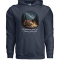 The Hocking Hills Store navy blue Bigfoot camping hoodie with a graphic of Bigfoot by a campfire under a starry sky.