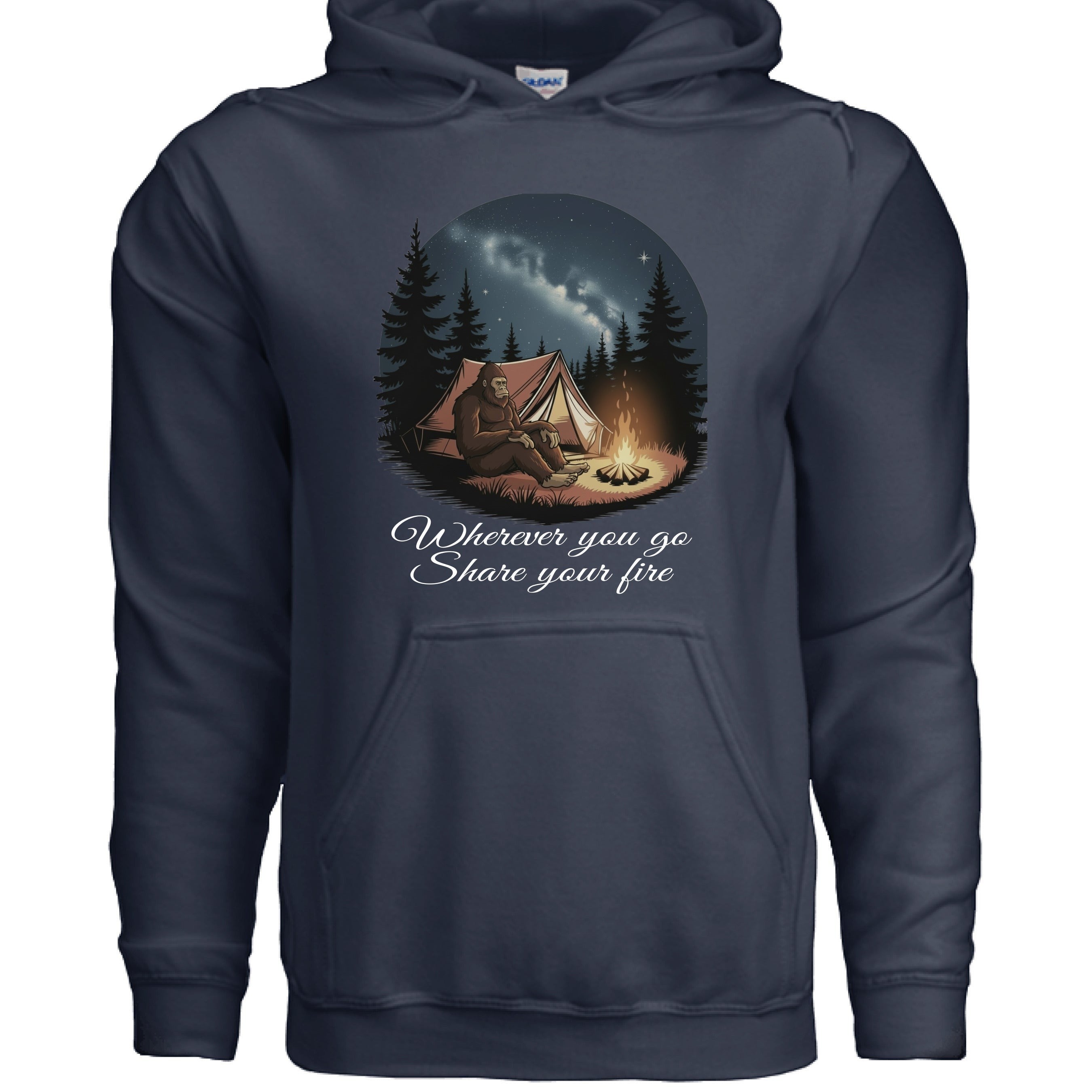 The Hocking Hills Store navy blue Bigfoot camping hoodie with a graphic of Bigfoot by a campfire under a starry sky.