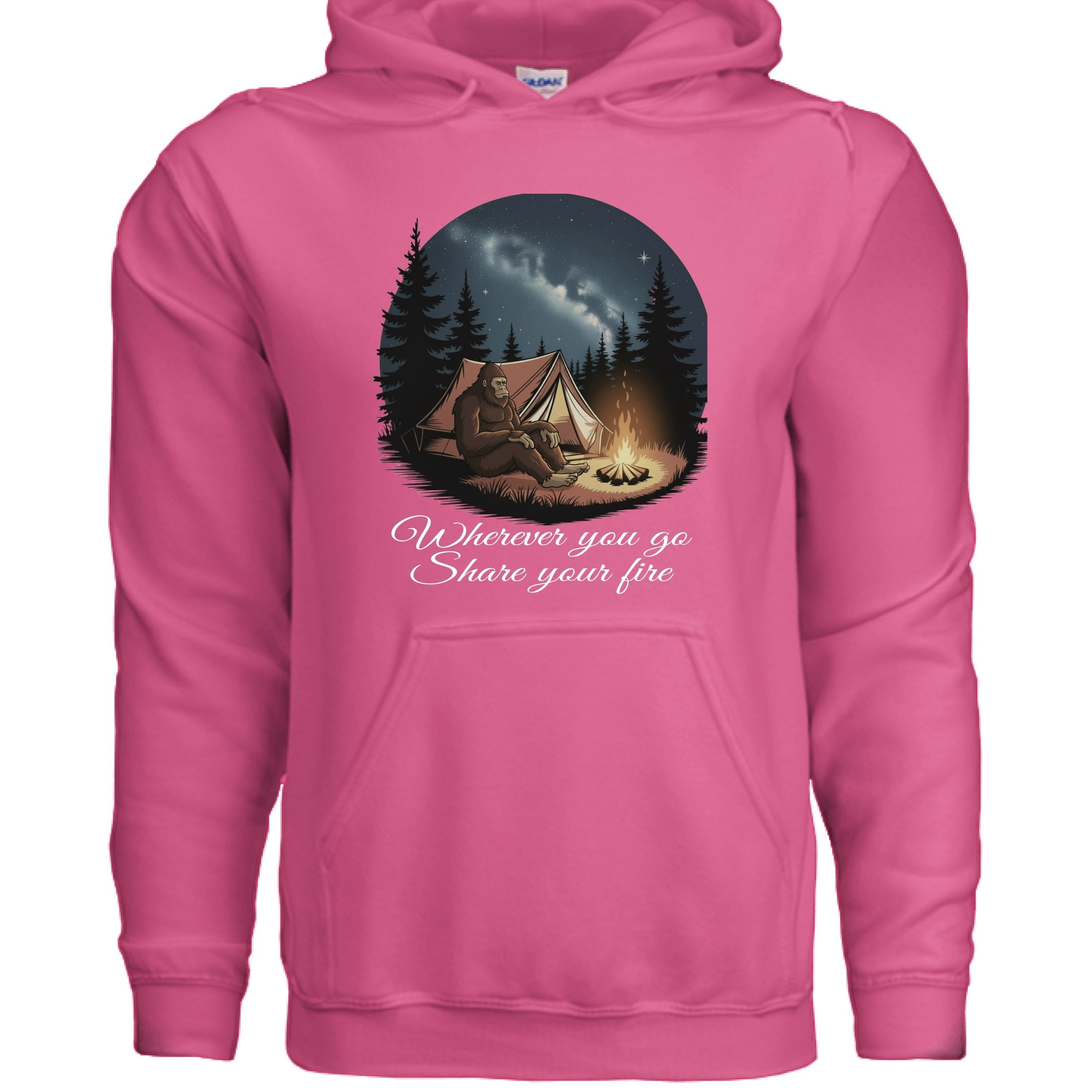 The Hocking Hills Store pink cotton blend hoodie with Bigfoot graphic by a campfire under the stars.
