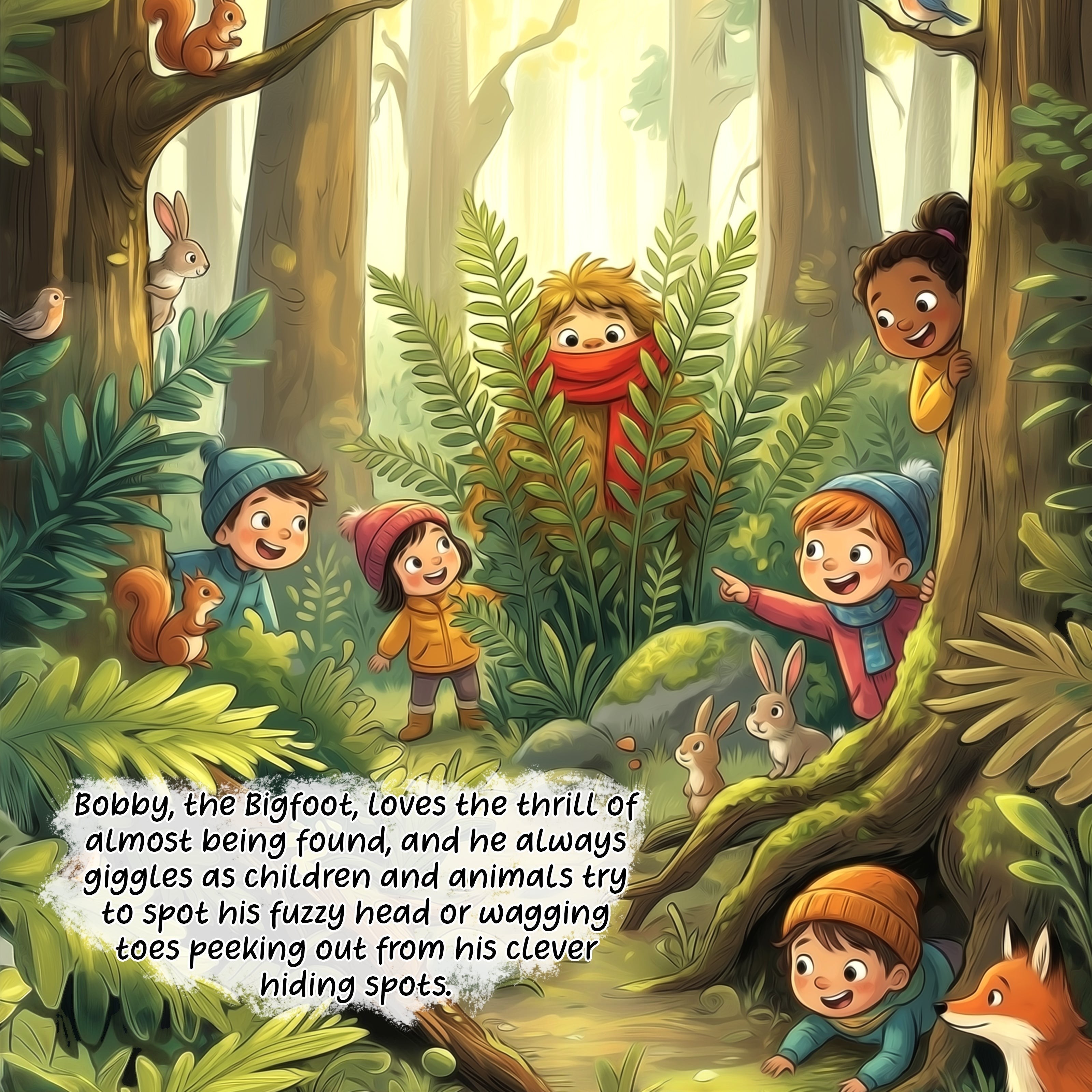 The Hocking Hills Store's Bobby the Bigfoot book cover illustration: Bigfoot hides in forest ferns while children and animals play hide-and-seek.