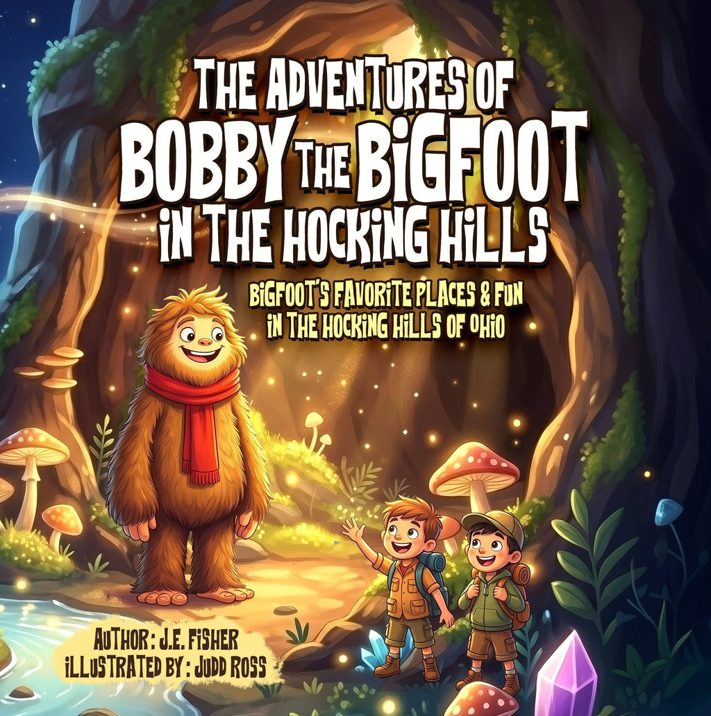 The Hocking Hills Store book cover: Bobby the Bigfoot and two boys explore Hocking Hills, Ohio, with mushrooms and crystals.
