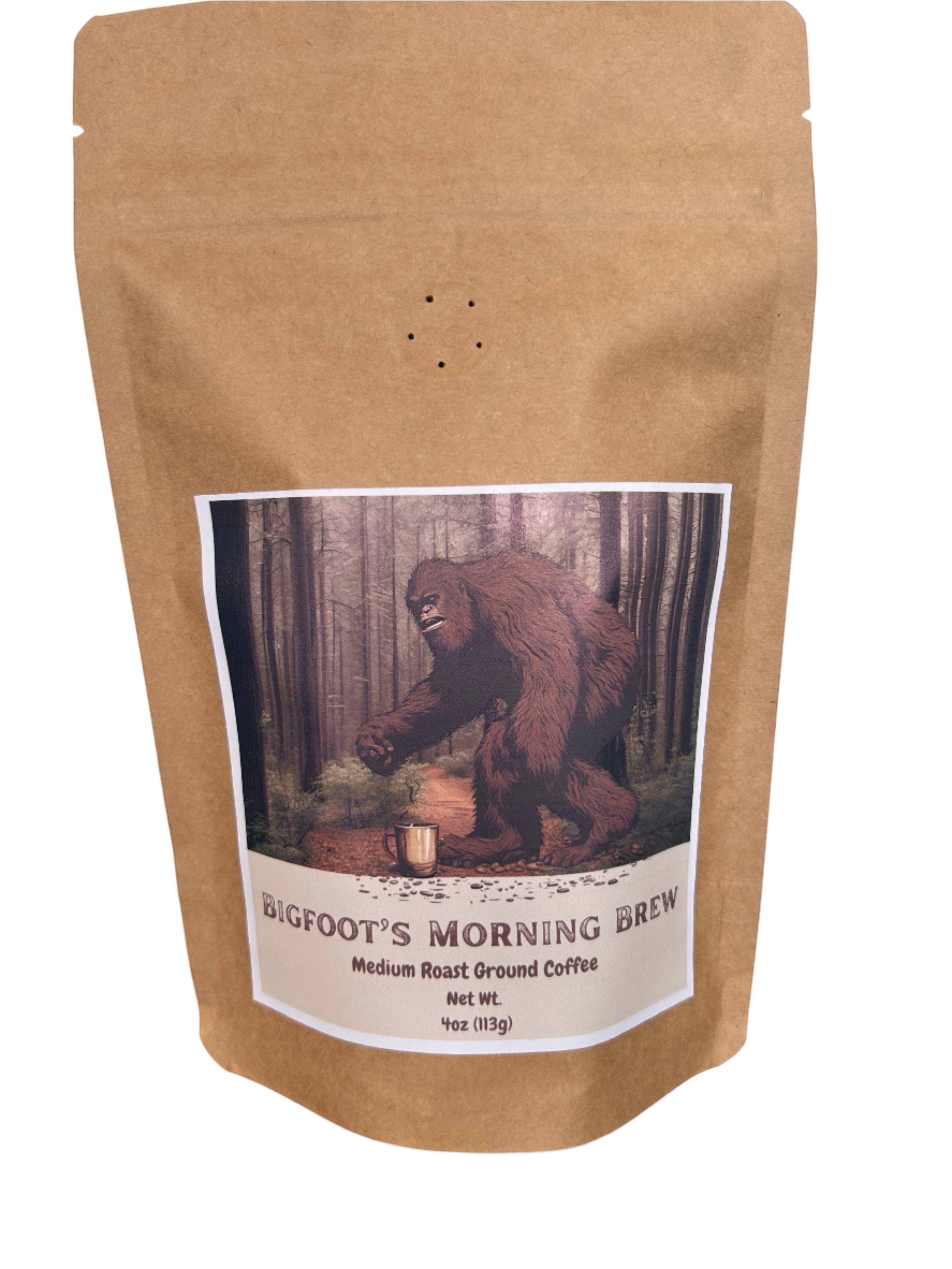 The Hocking Hills Store Bigfoot's Morning Brew medium roast ground coffee in a 4oz kraft bag with Bigfoot graphic.