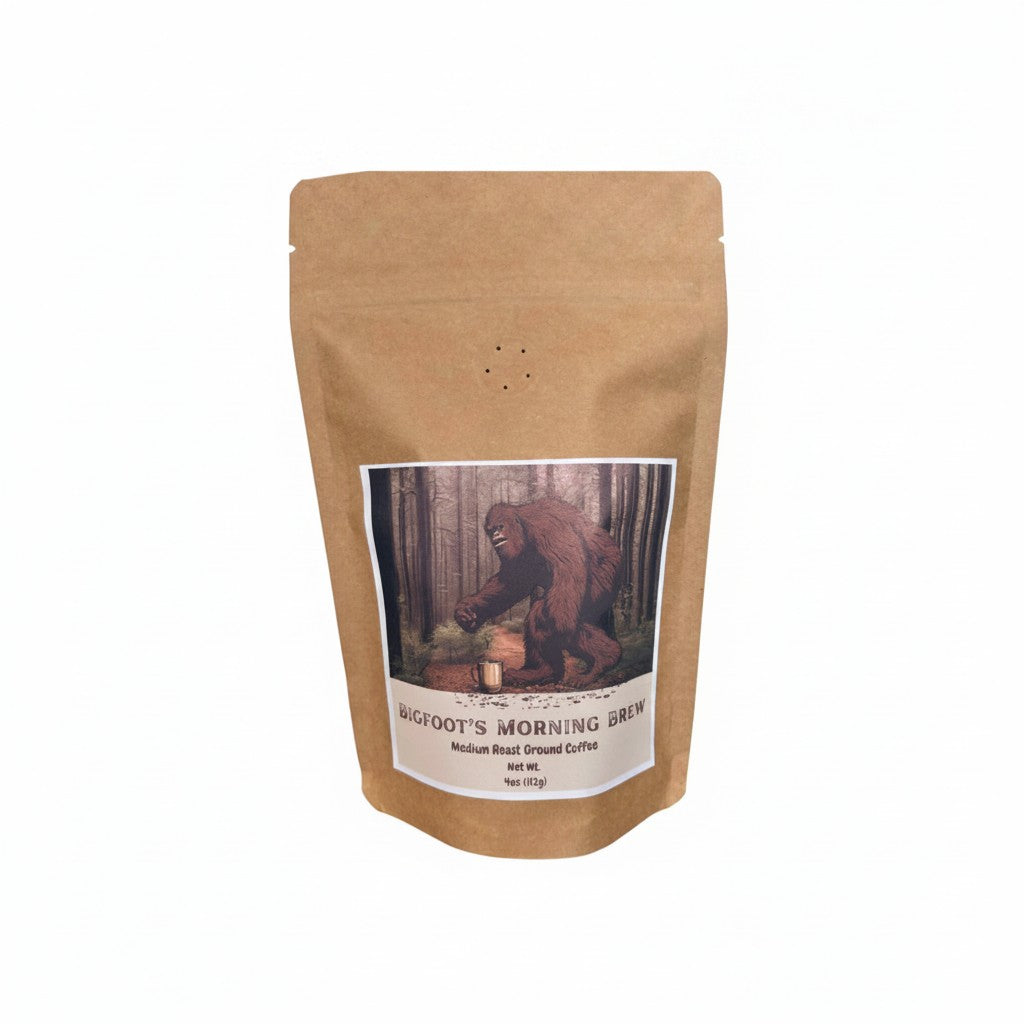 The Hocking Hills Store Bigfoot's Morning Brew medium roast ground coffee in a 4oz kraft bag with a Bigfoot illustration.