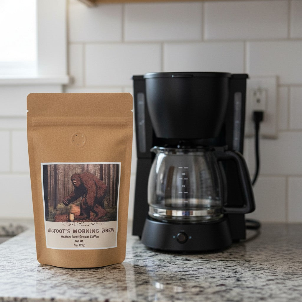 The Hocking Hills Store Bigfoot's Morning Brew medium roast ground coffee in a 4oz kraft bag with Bigfoot graphic.