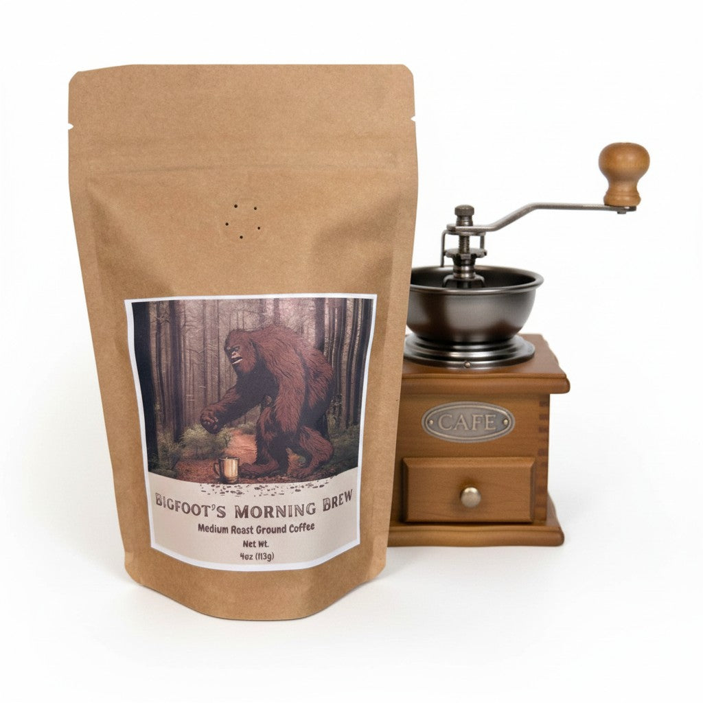 The Hocking Hills Store Bigfoot's Morning Brew medium roast ground coffee in a 4oz kraft bag with a Bigfoot illustration.