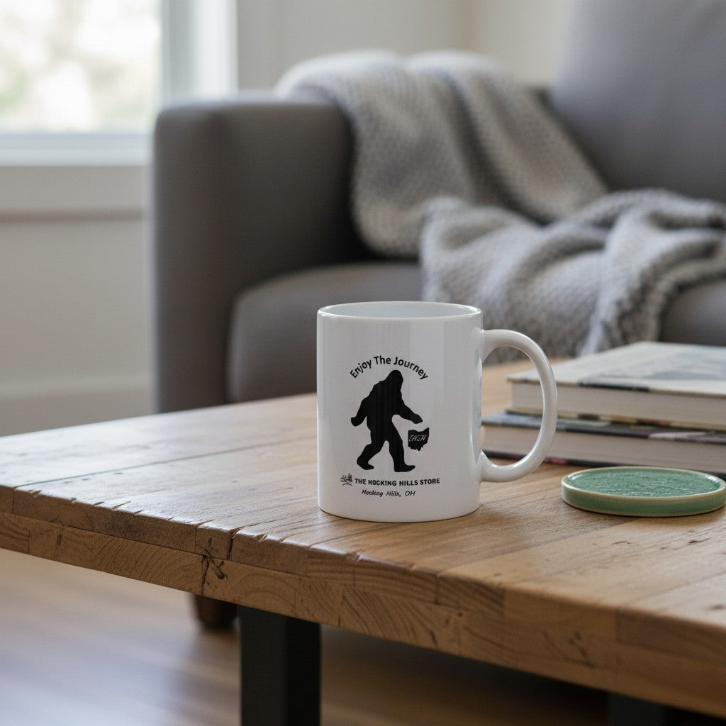 The Hocking Hills Store white ceramic coffee mug featuring a black Bigfoot silhouette and the text "Enjoy The Journey".