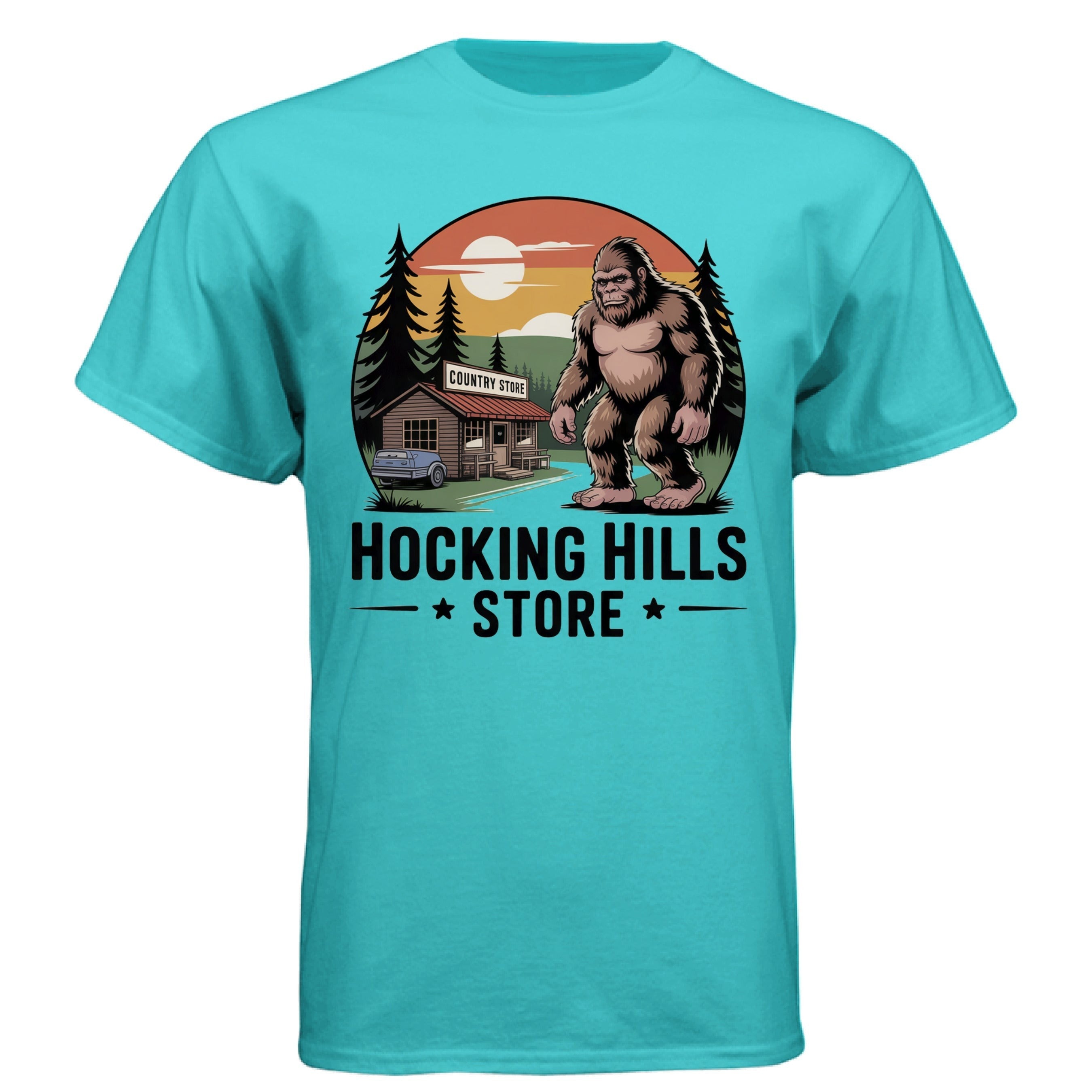 The Hocking Hills Store turquoise tri-blend t-shirt with a Bigfoot graphic and country store.