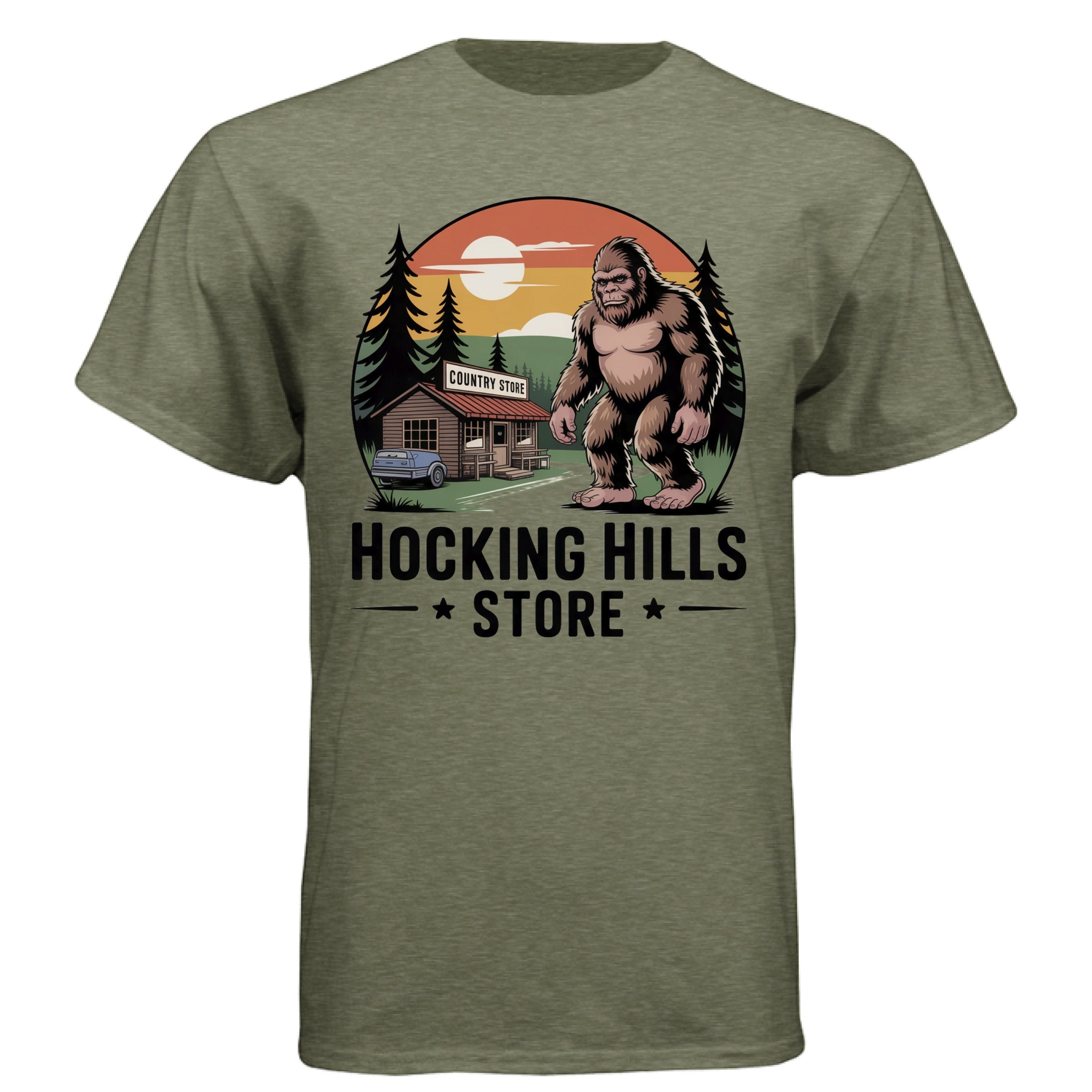 The Hocking Hills Store olive green tri-blend t-shirt with a Bigfoot graphic and country store.