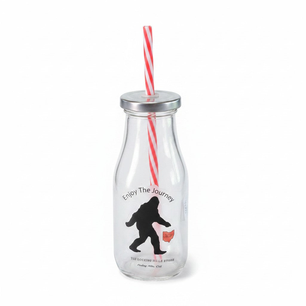 The Hocking Hills Store Bigfoot Glass Sipper with red and white striped straw. Features Bigfoot silhouette and Ohio map.