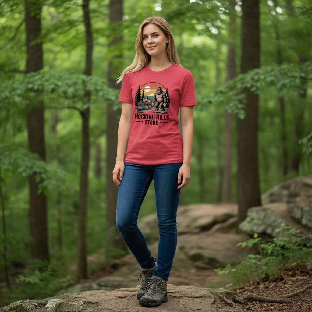 The Hocking Hills Store red tri-blend t-shirt with Bigfoot graphic and country store.