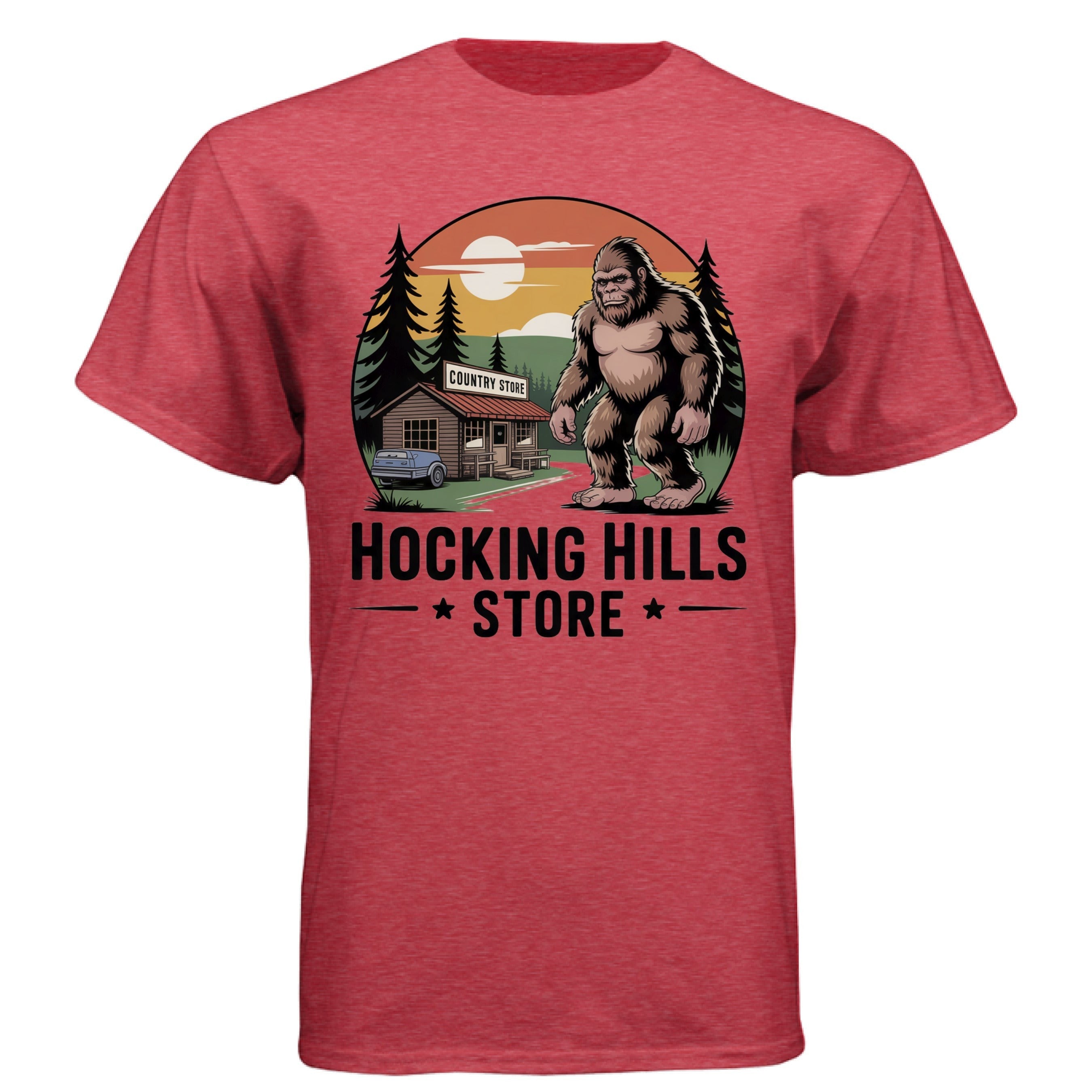 The Hocking Hills Store red tri-blend t-shirt with Bigfoot graphic and country store.