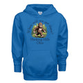 The Hocking Hills Store blue youth Bigfoot hoodie with a graphic of Bigfoot walking in a forest with the text "When Will We Get There?" and "Hocking Hills Ohio".