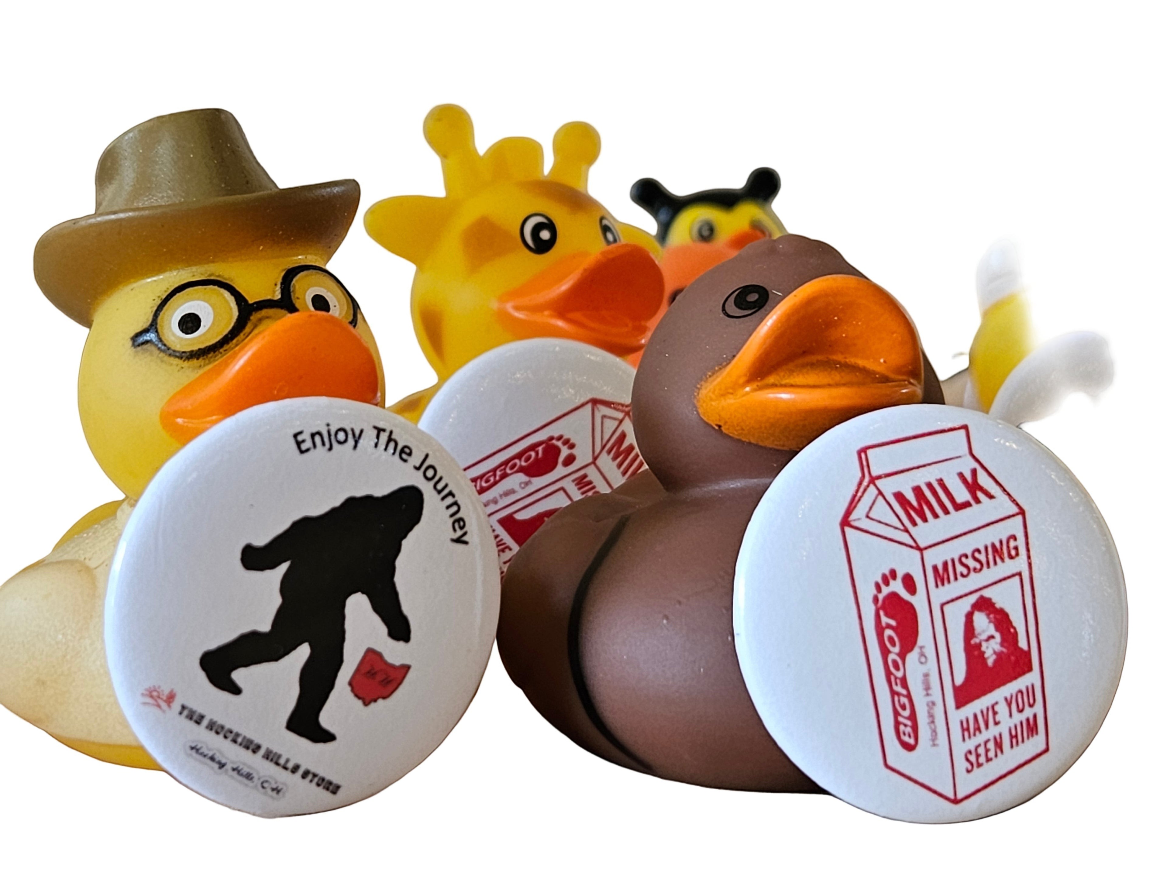 The Hocking Hills Store Bigfoot Pinned Jeep Ducks collection features assorted collectible rubber ducks with unique designs, including Bigfoot and milk carton themes.
