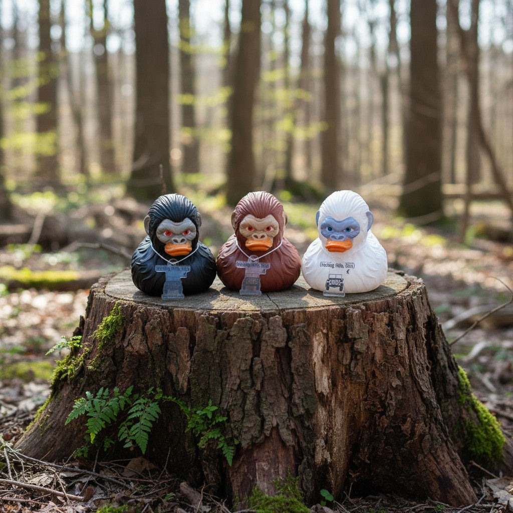 The Hocking Hills Store Bigfoot Jeep Ducks come in black, brown, red, and white. Each duck has a medallion that says "Hocking Hills, Ohio" and "Find more in a Jeep."