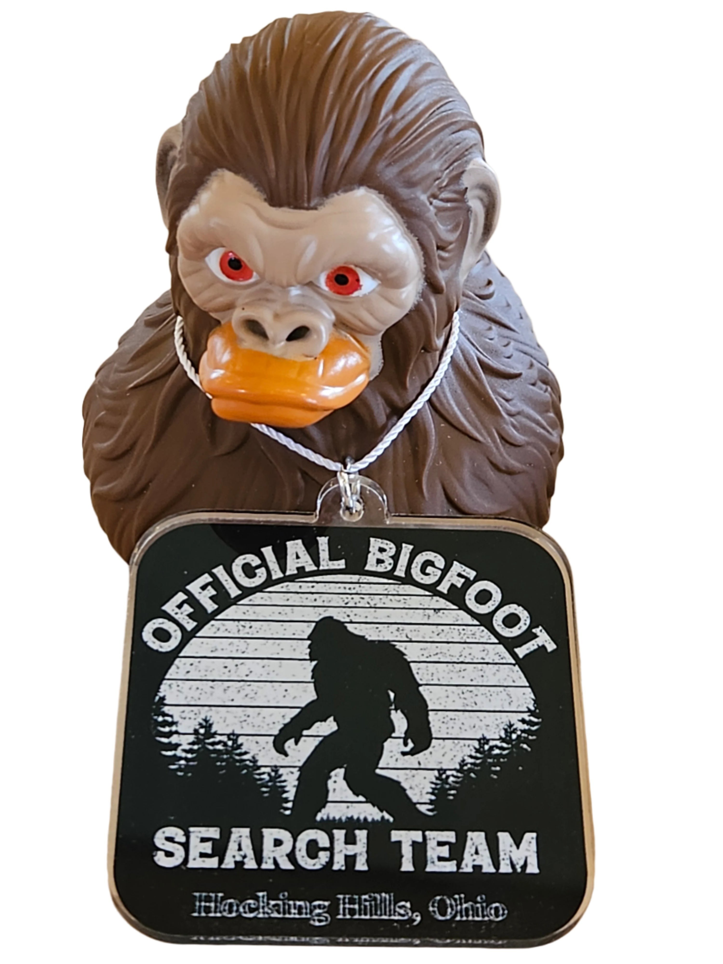 The Hocking Hills Store Bigfoot Jeep Duck with an orange bill and red eyes, wearing an Official Bigfoot Search Team tag.
