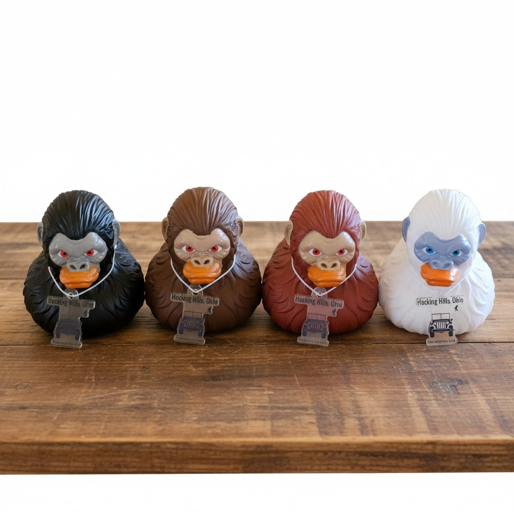 The Hocking Hills Store Bigfoot Jeep Ducks in black, brown, red, and white, each with a Jeep medallion.