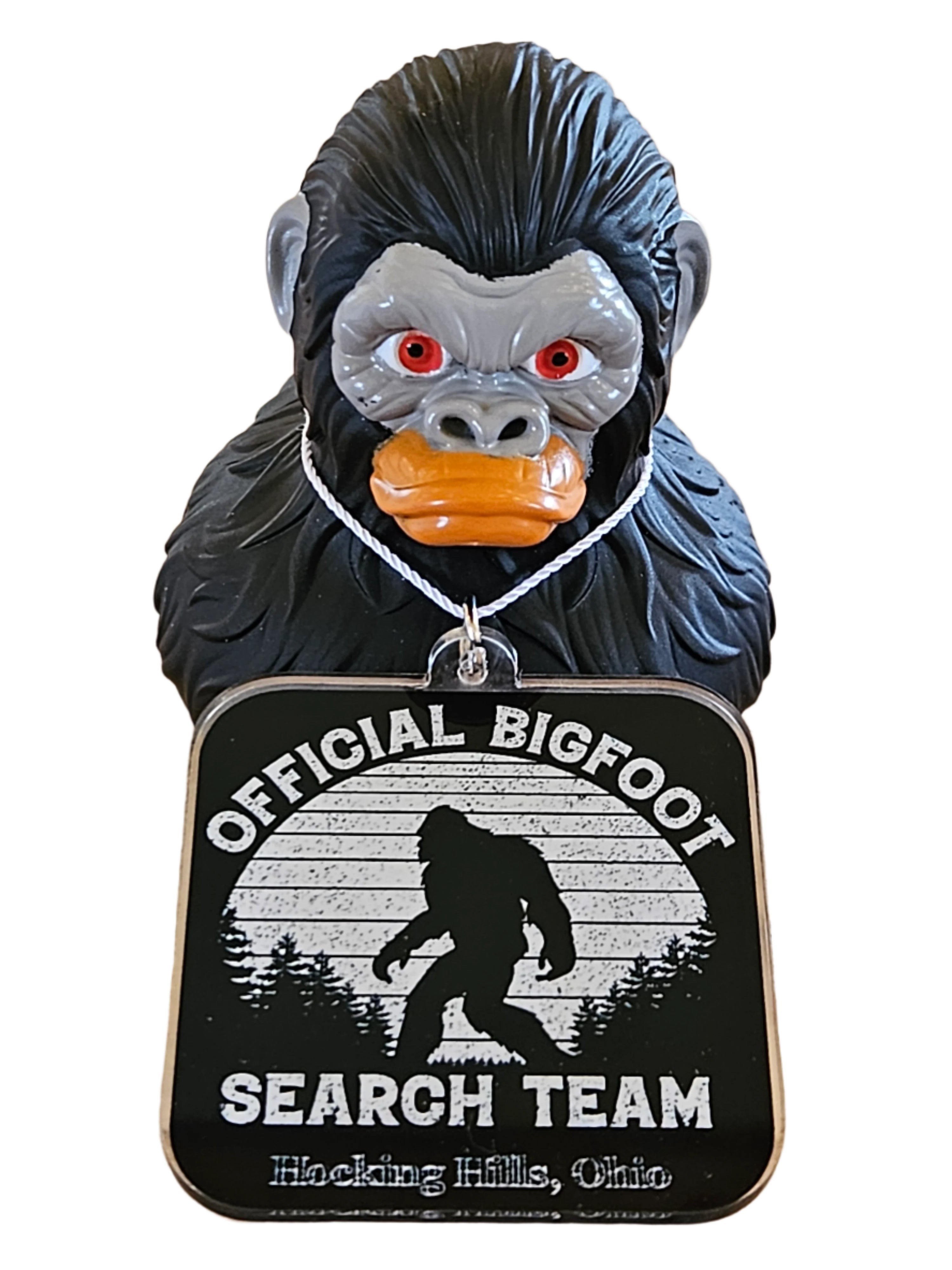 The Hocking Hills Store Bigfoot Jeep Duck with Official Bigfoot Search Team tag, featuring a Bigfoot silhouette and Hocking Hills, Ohio text.