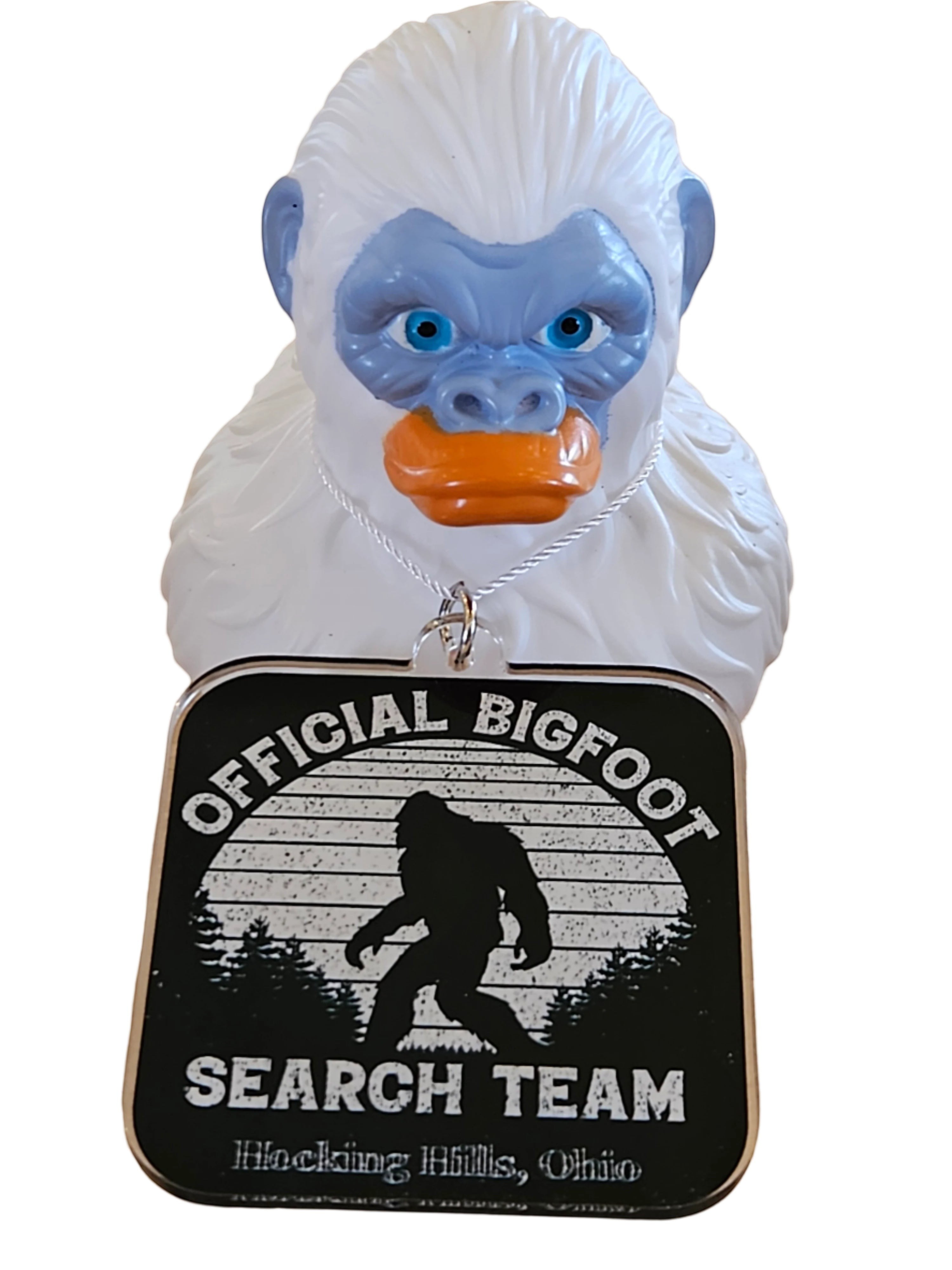 The Hocking Hills Store Bigfoot Jeep Duck with blue eyes, orange beak, and official Bigfoot Search Team tag.