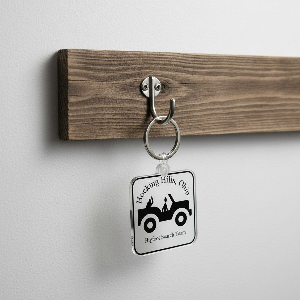 The Hocking Hills Store Bigfoot Search Team keychain with a Jeep graphic and text.