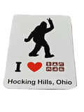 The Hocking Hills Store Bigfoot peace sign refrigerator magnet with I Love Hocking Hills, Ohio text and camping icons.