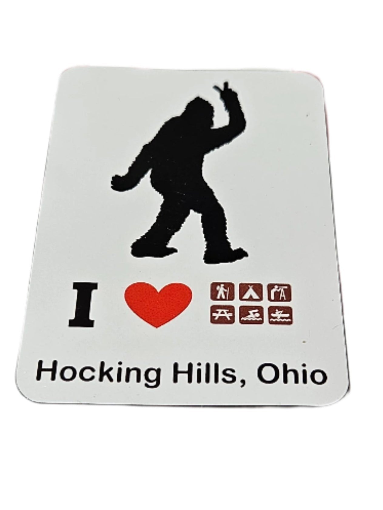 The Hocking Hills Store Bigfoot peace sign refrigerator magnet with I Love Hocking Hills, Ohio text and camping icons.