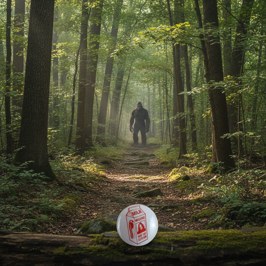 The Hocking Hills Store Big Foot milk carton button with red text and image of Bigfoot.