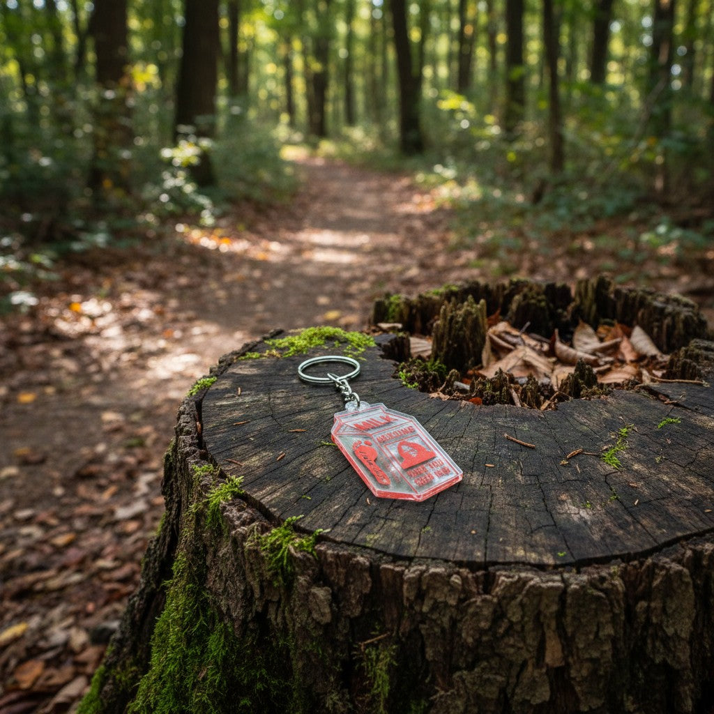 The Hocking Hills Store Bigfoot milk carton keychain with red text and graphics. Features a Bigfoot footprint and image.