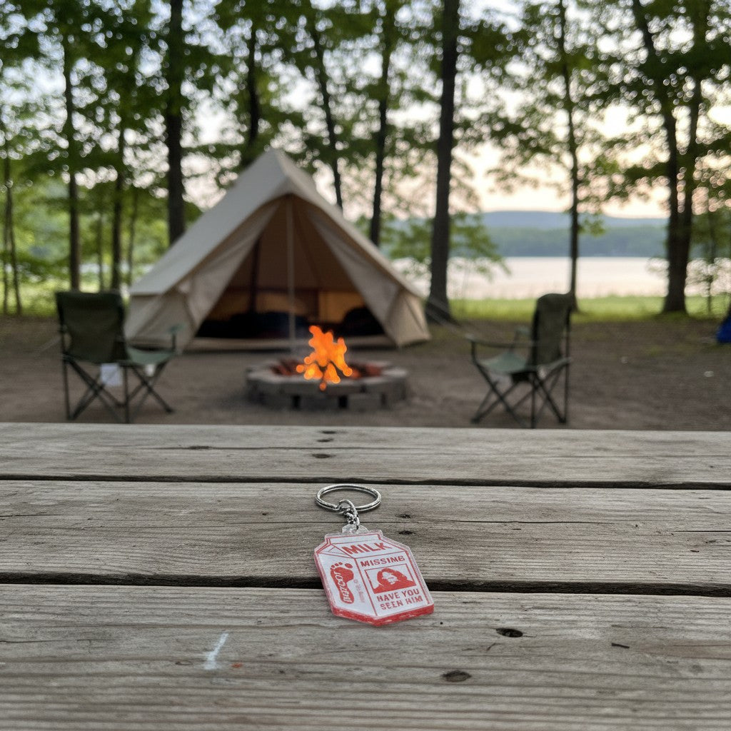 The Hocking Hills Store Bigfoot milk carton keychain with red text and Bigfoot image.