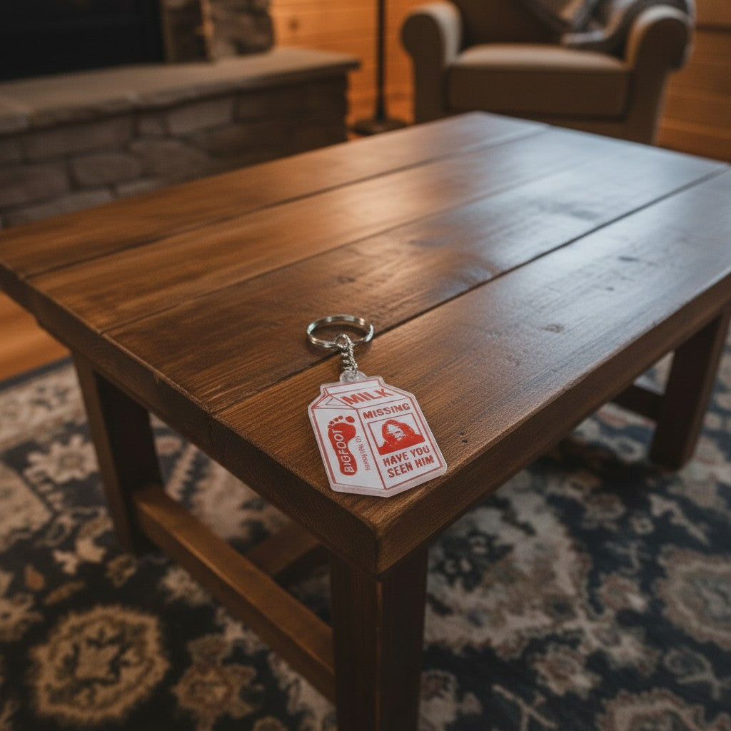 The Hocking Hills Store Bigfoot milk carton keychain with "MISSING" and Bigfoot's image.
