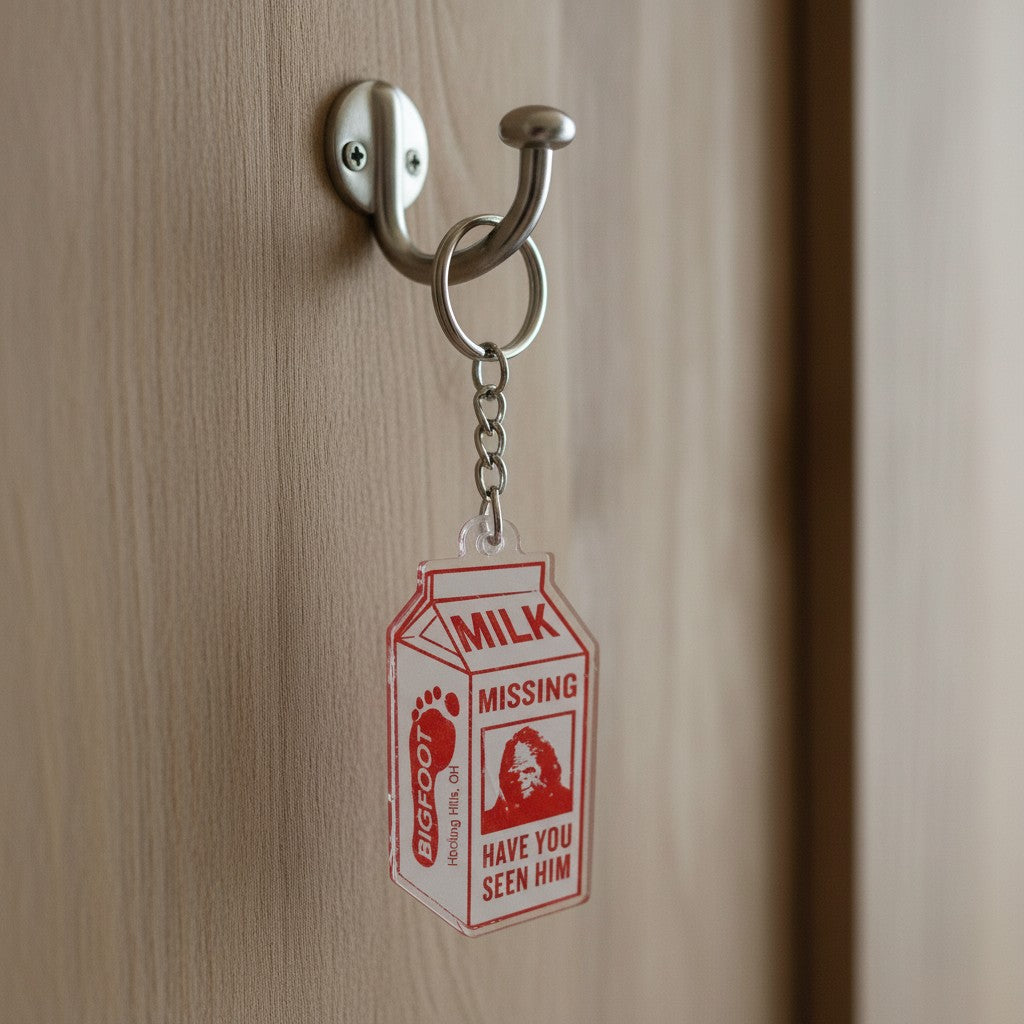 The Hocking Hills Store Bigfoot milk carton keychain with red text and Bigfoot image.