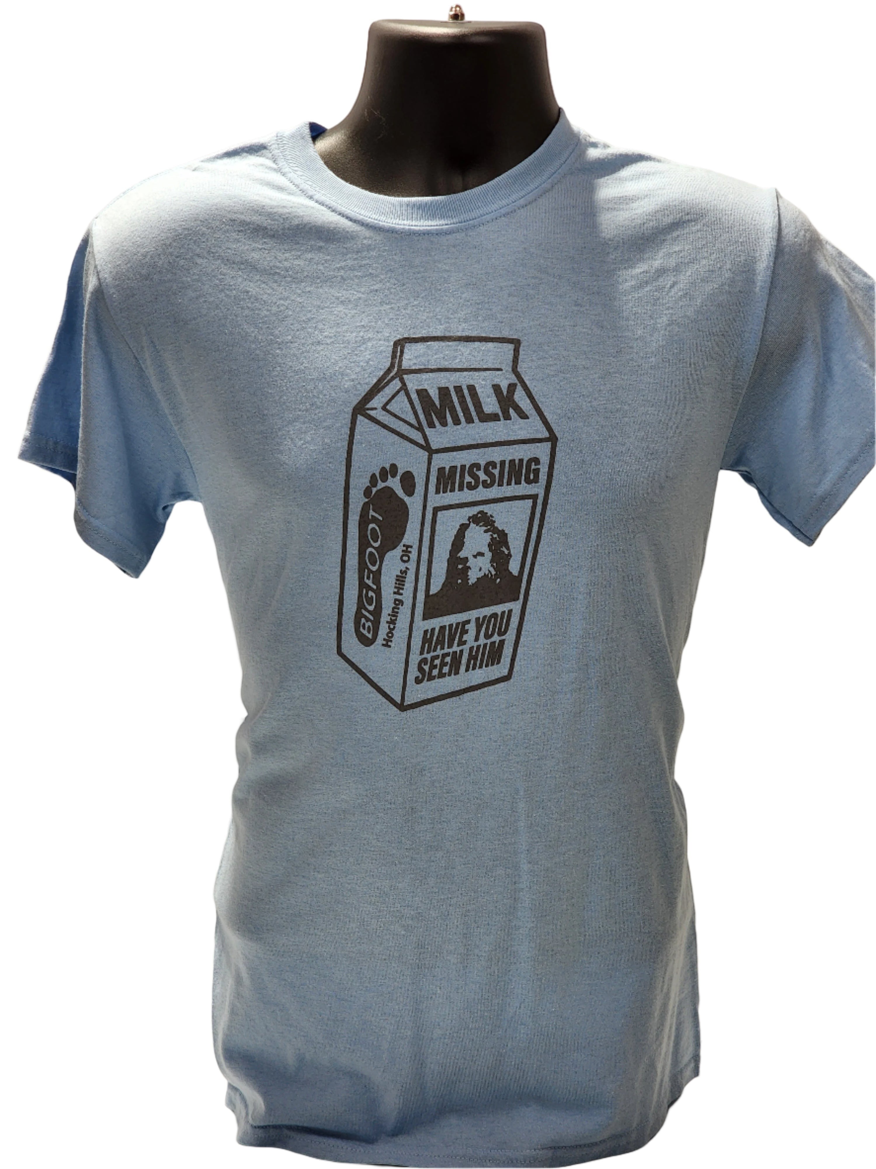 The Hocking Hills Store light blue t-shirt with a black Bigfoot milk carton missing design that says 'Have You Seen Him?'