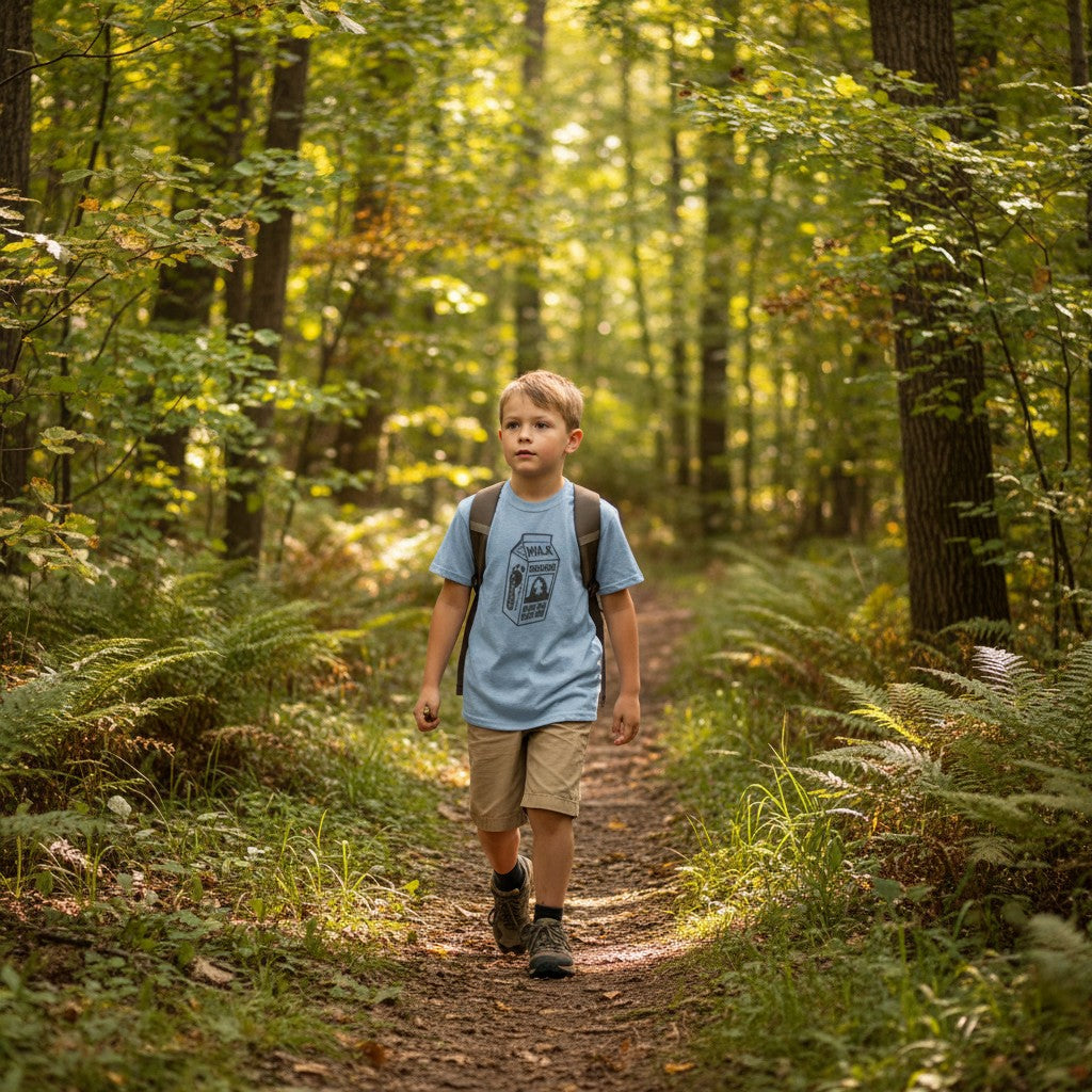 The Hocking Hills Store light blue t-shirt with a Bigfoot milk carton missing design. Features Bigfoot footprint and text.