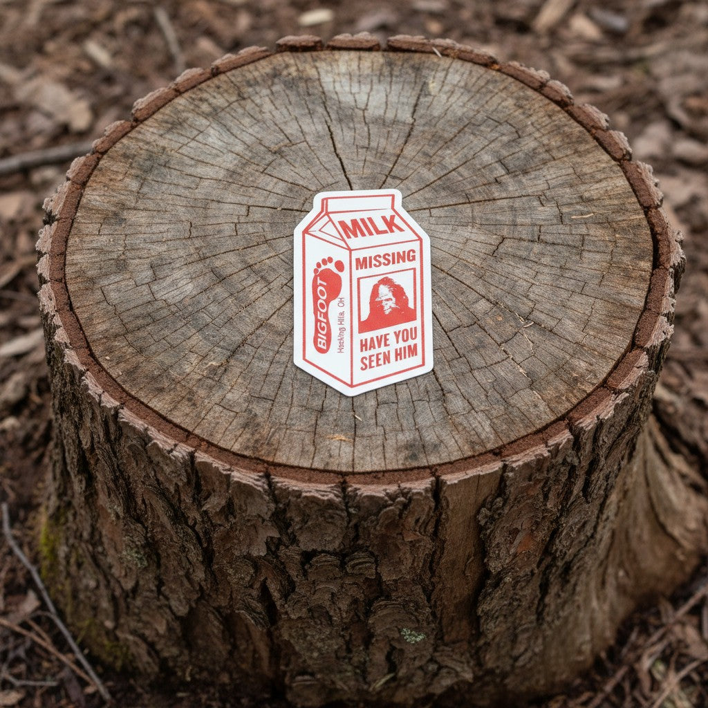 The Hocking Hills Store Bigfoot Missing milk carton bumper sticker with red text and Bigfoot image.