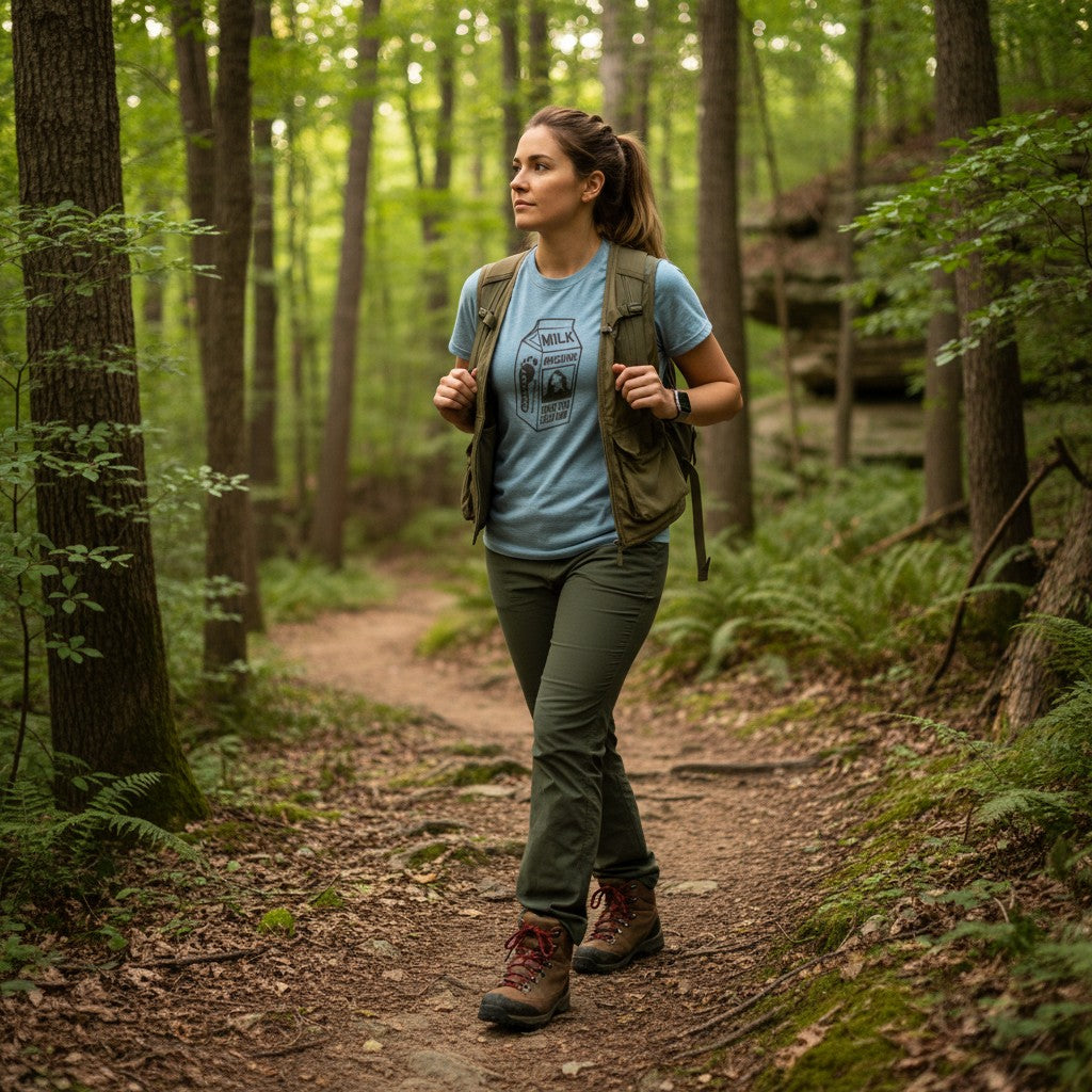 The Hocking Hills Store light blue t-shirt with a Bigfoot milk carton missing design. Features Bigfoot footprint and text.