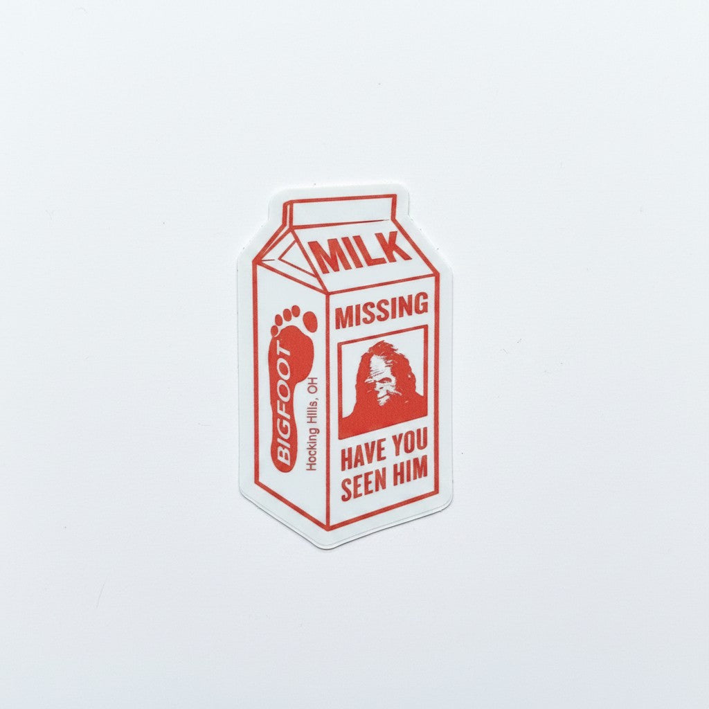 The Hocking Hills Store Bigfoot Missing milk carton sticker with red text and Bigfoot image.