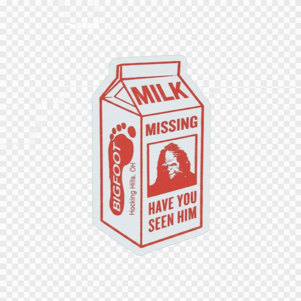 The Hocking Hills Store Bigfoot Missing milk carton sticker with red text and Bigfoot image.