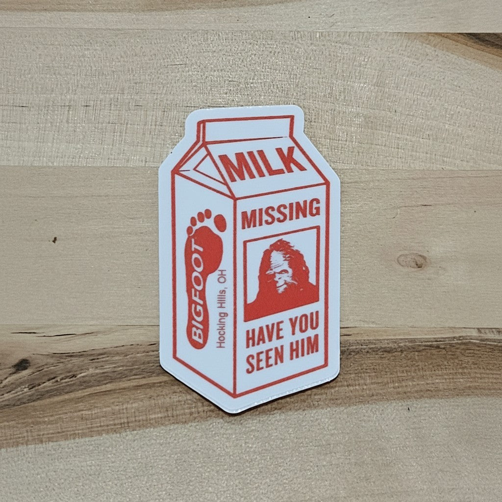 The Hocking Hills Store Bigfoot Missing milk carton sticker with red text and Bigfoot image.